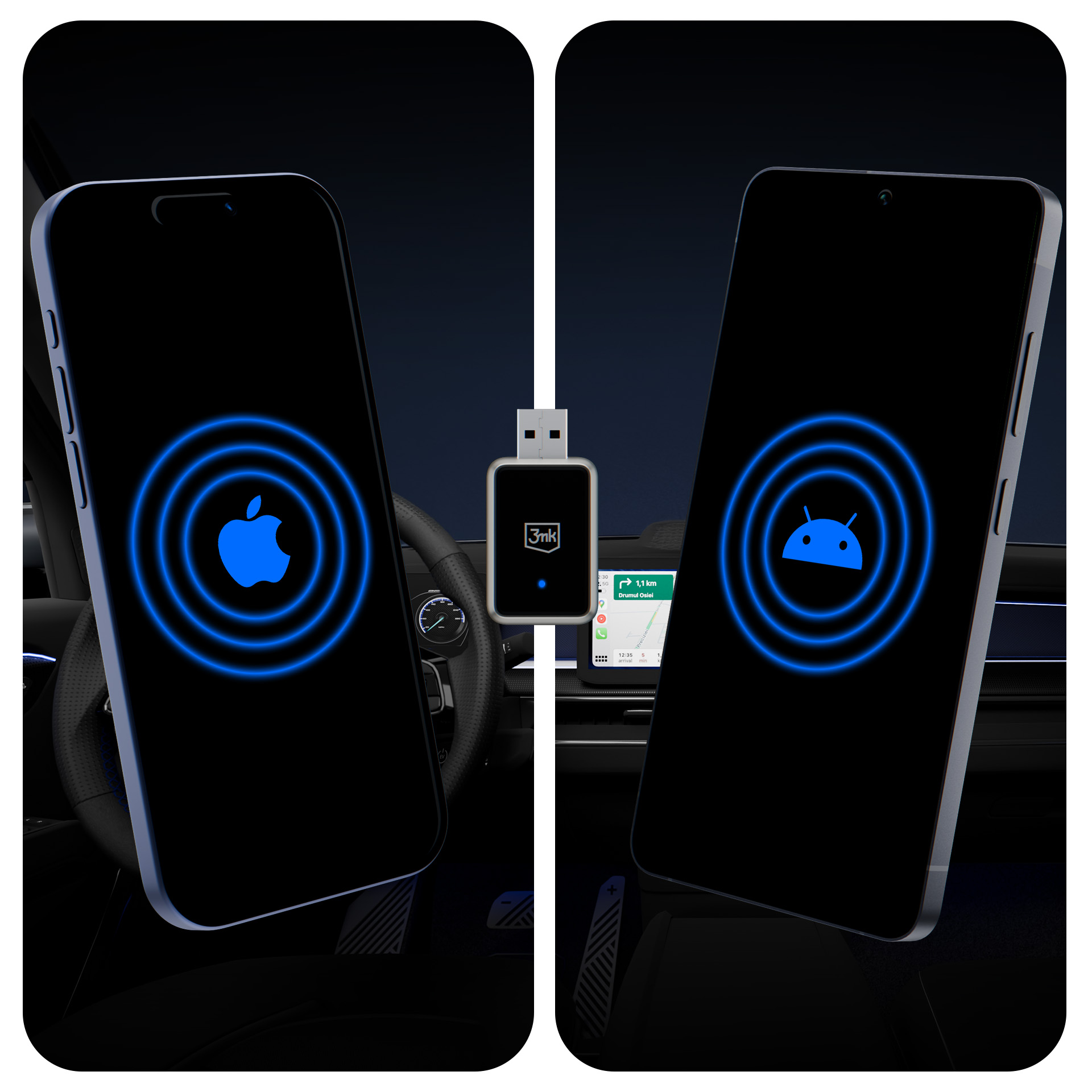 Adapter carplay w środku z telefonem Apple i Android po obu stronach wewnątrz samochodu.