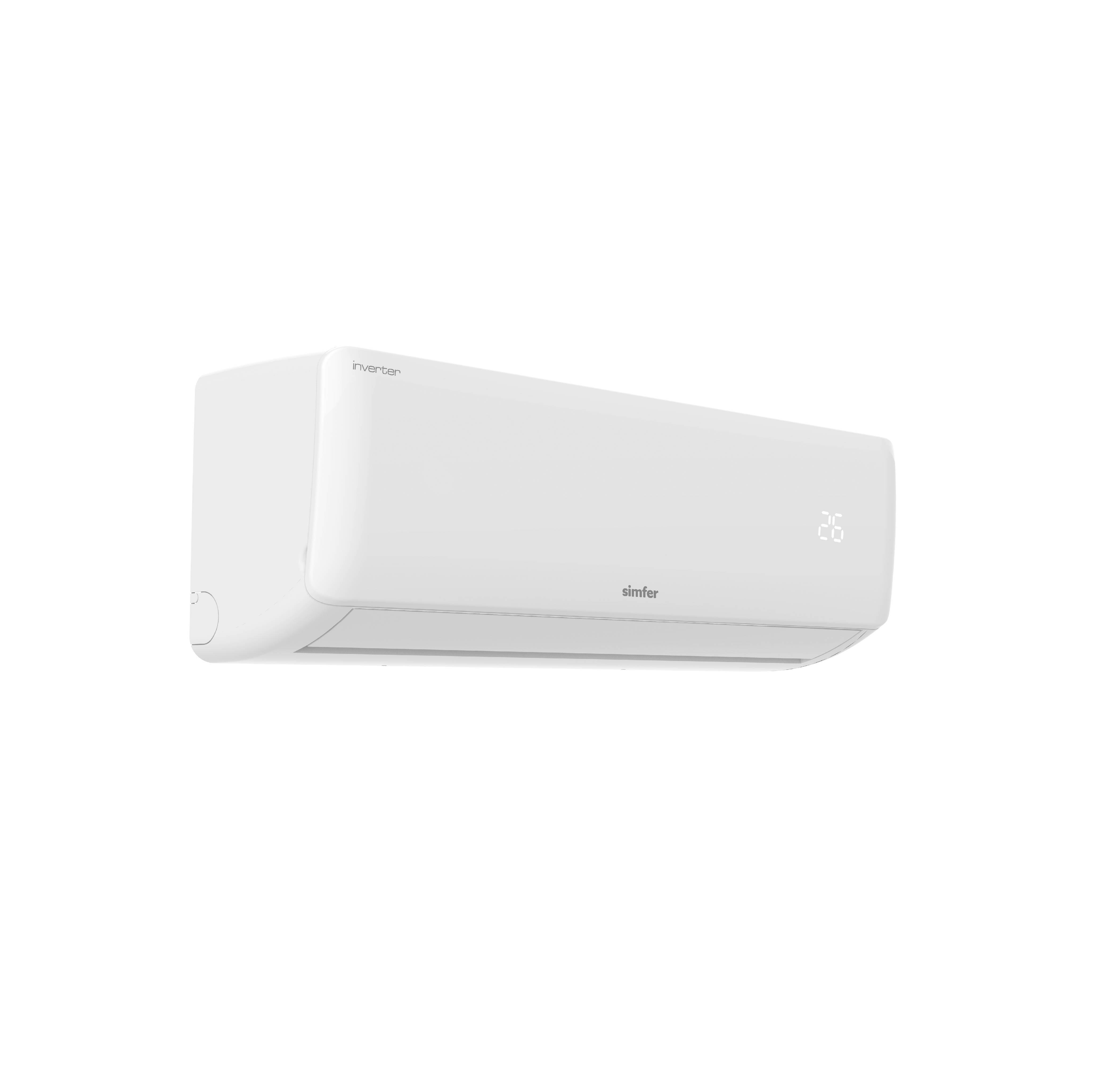 Beyaz bir arka plan üzerinde yer alan, 26 sayısını gösteren beyaz Simfer inverter klima.