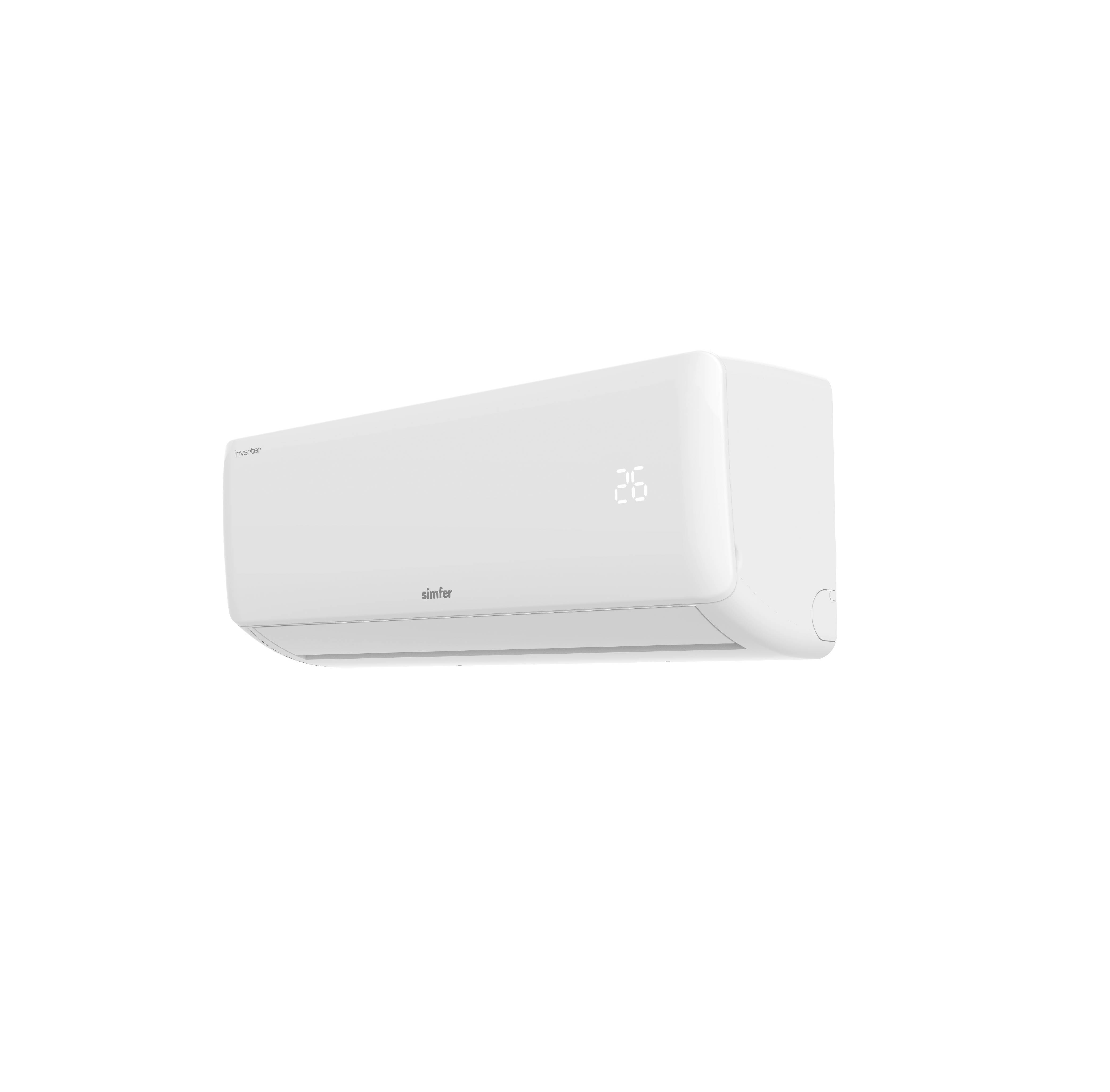 Düz beyaz arka plan önünde beyaz Simfer inverter duvar tipi klima ünitesi.