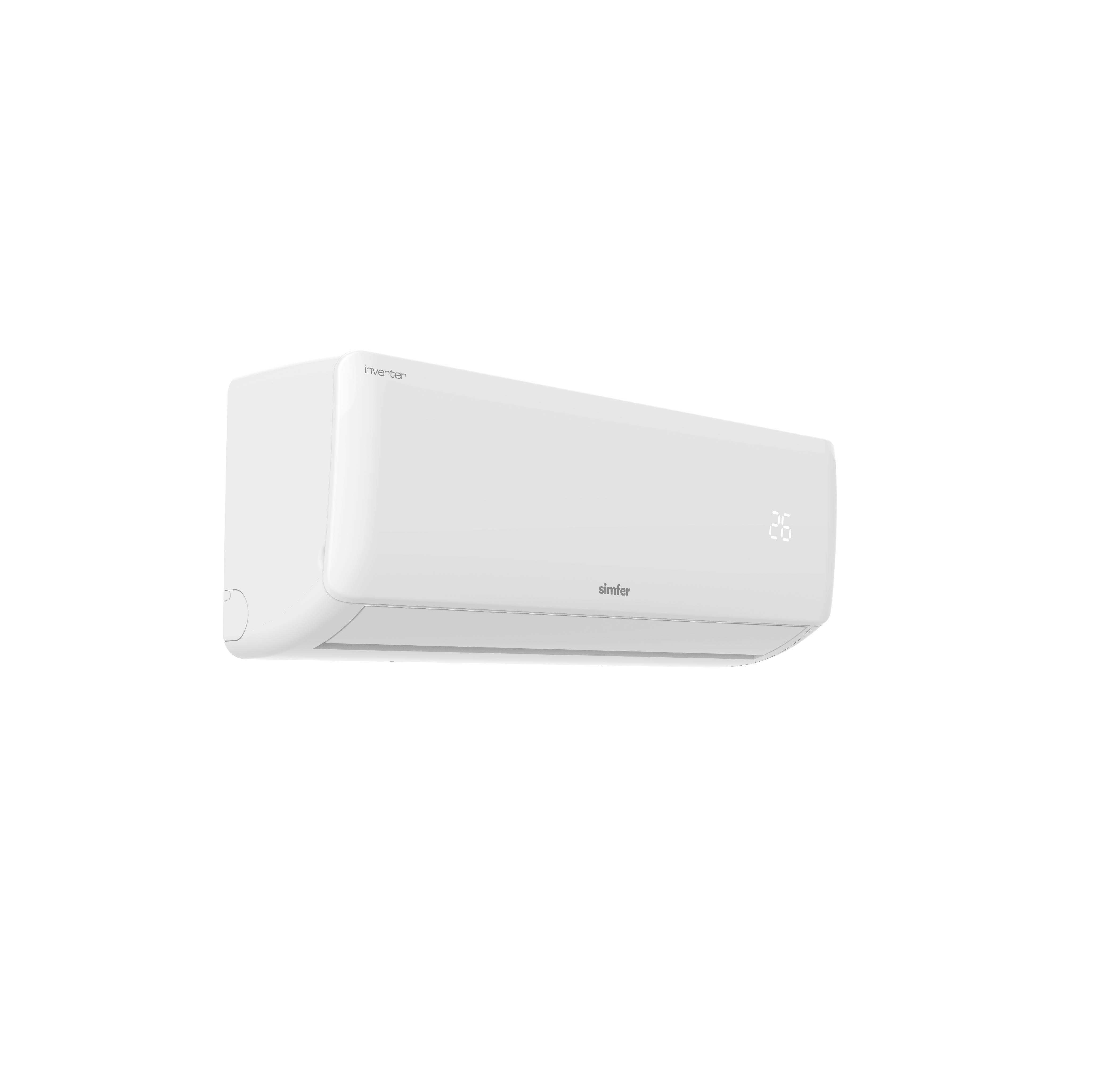 Beyaz arka plan üzerinde dijital sıcaklık göstergesine sahip beyaz bir Simfer inverter klima.