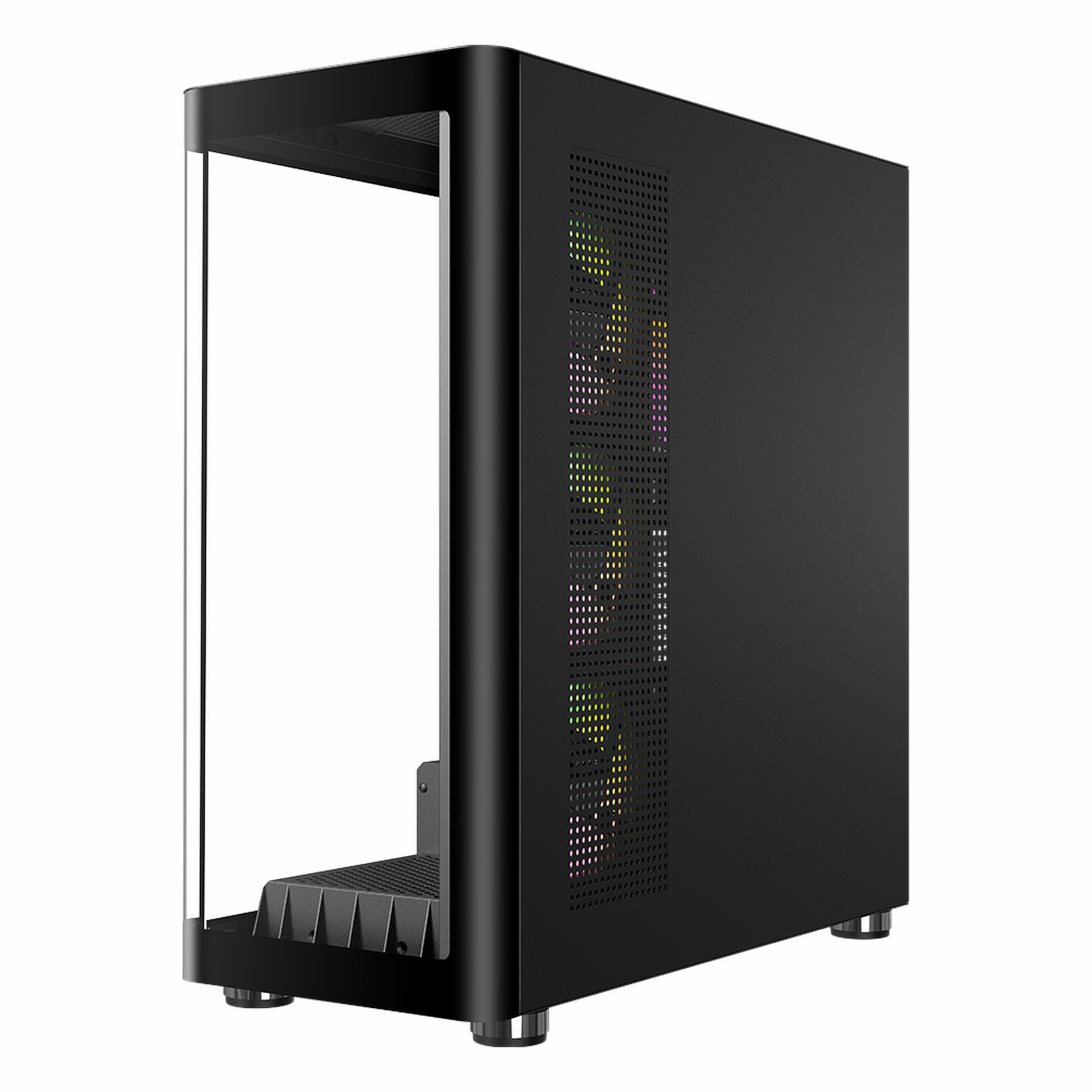 Önü ve yan paneli cam olan siyah bir bilgisayar kasası, havalandırma deliklerinden RGB fanlar görünüyor.