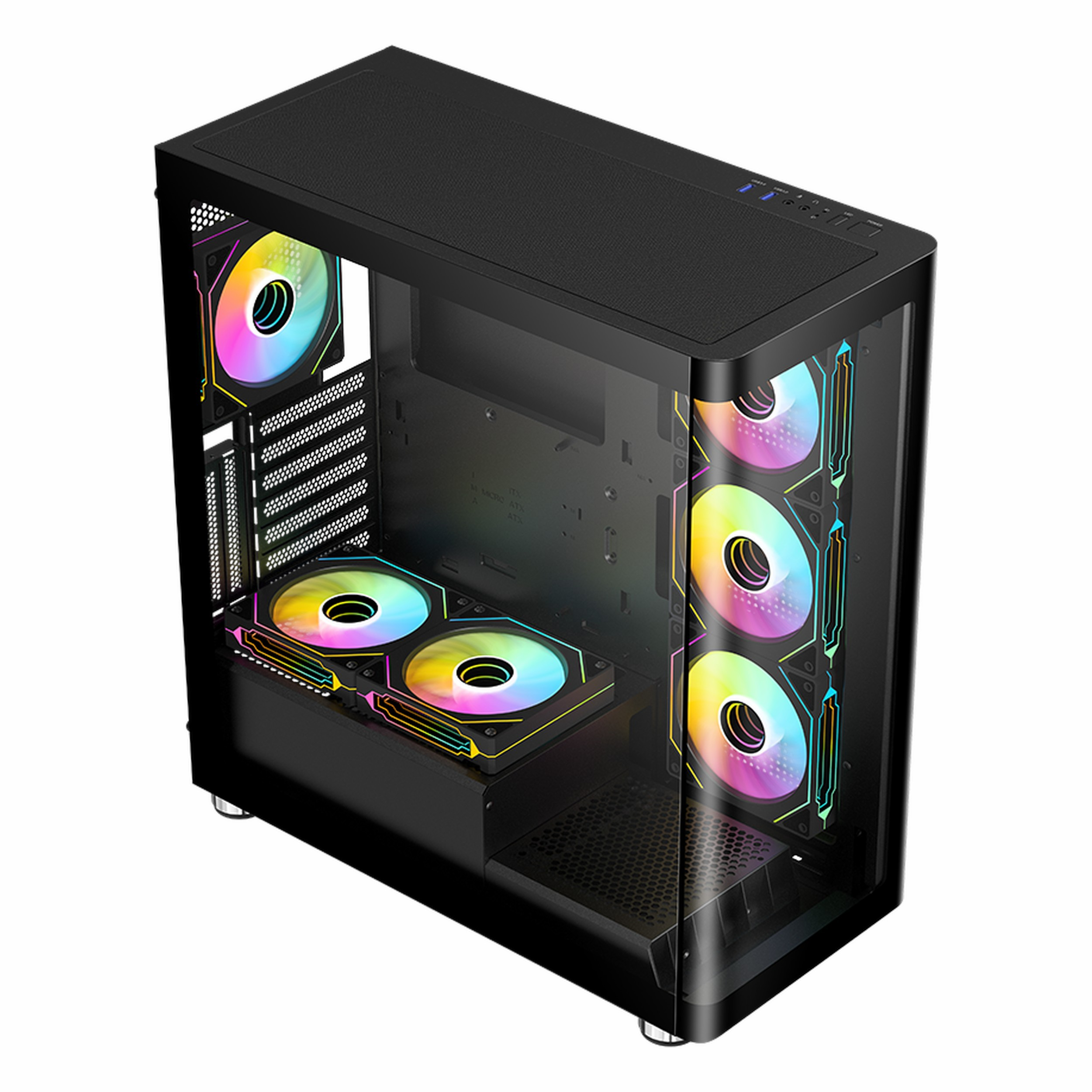 Yanda, arkada ve güç kaynağı kapağında aydınlatmalı RGB fanlara sahip siyah cam PC kasası.