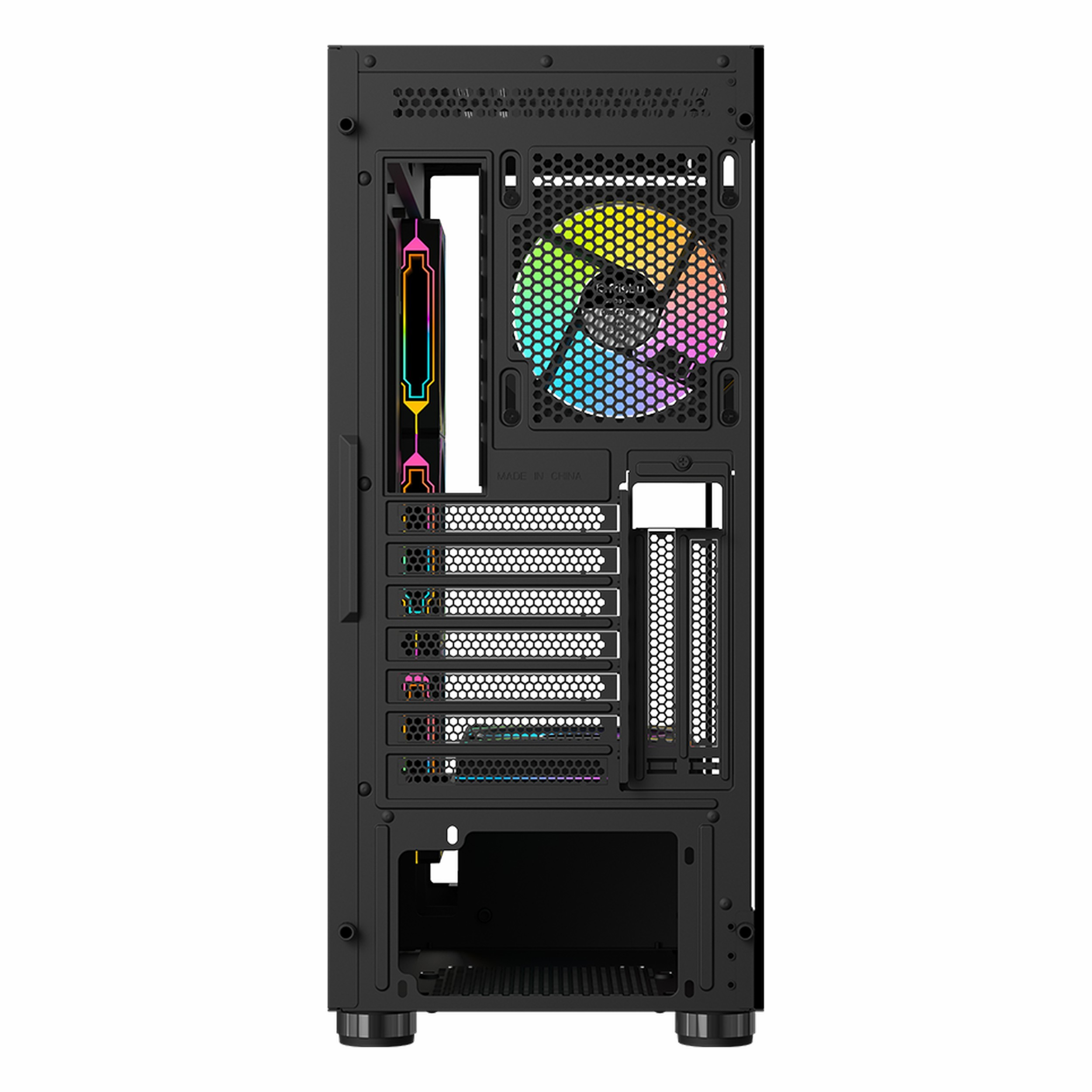 Renkli RGB fanlı ve genişleme slotlu siyah bir bilgisayar kasasının arka görünümü.