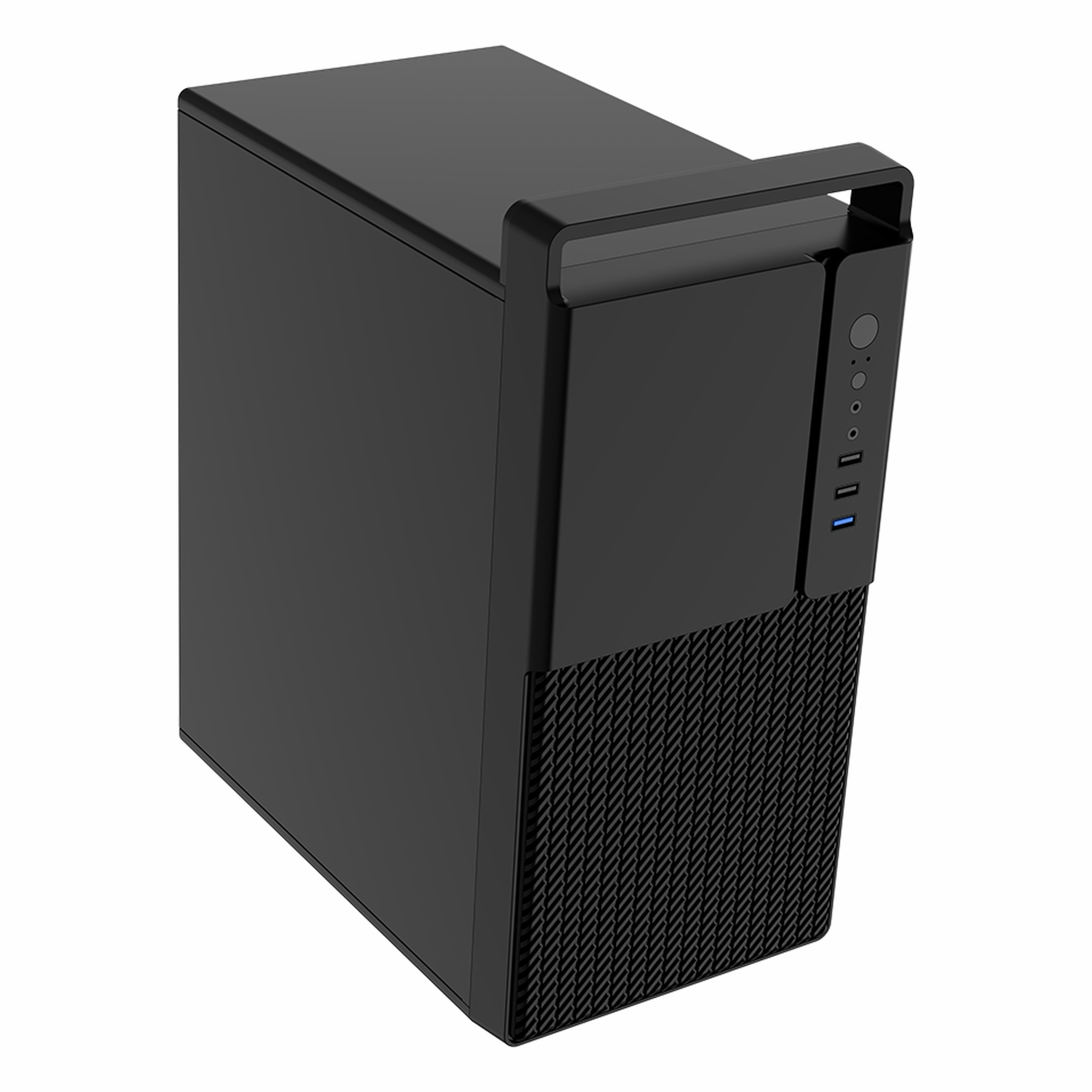 Taşıma saplı ve ön ızgaralı siyah PC kasası.