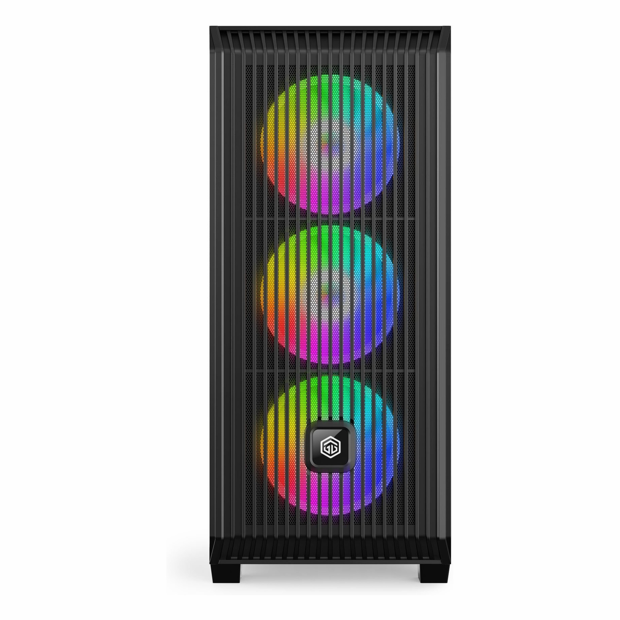 Dikey pencereli ve ön kısımda üç yuvarlak, renkli aydınlatmalı RGB fanlı siyah bilgisayar kasası.