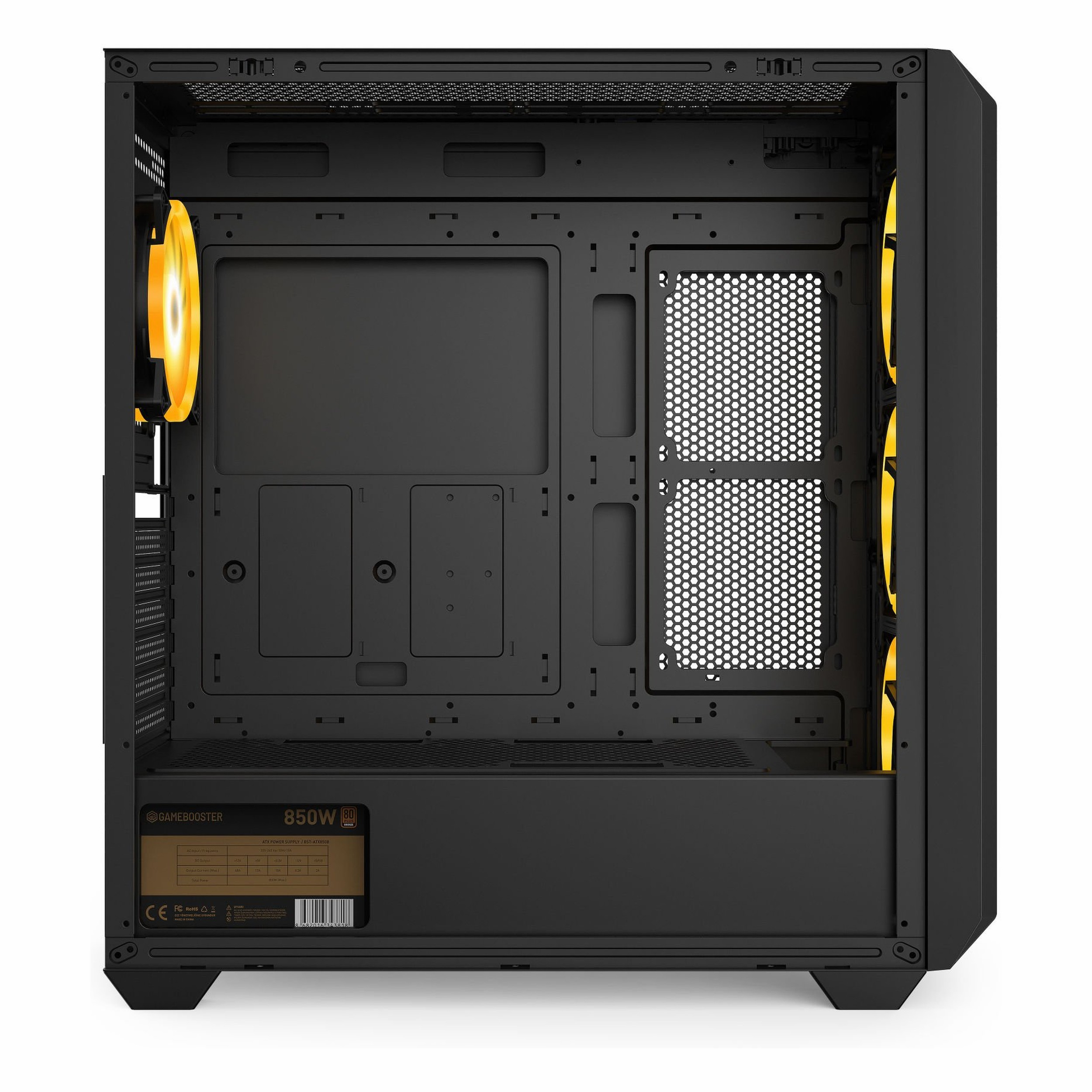 Yanda ve önde sarı ışıklı fanları ve altta bir güç kaynağı olan siyah bir PC kasası.