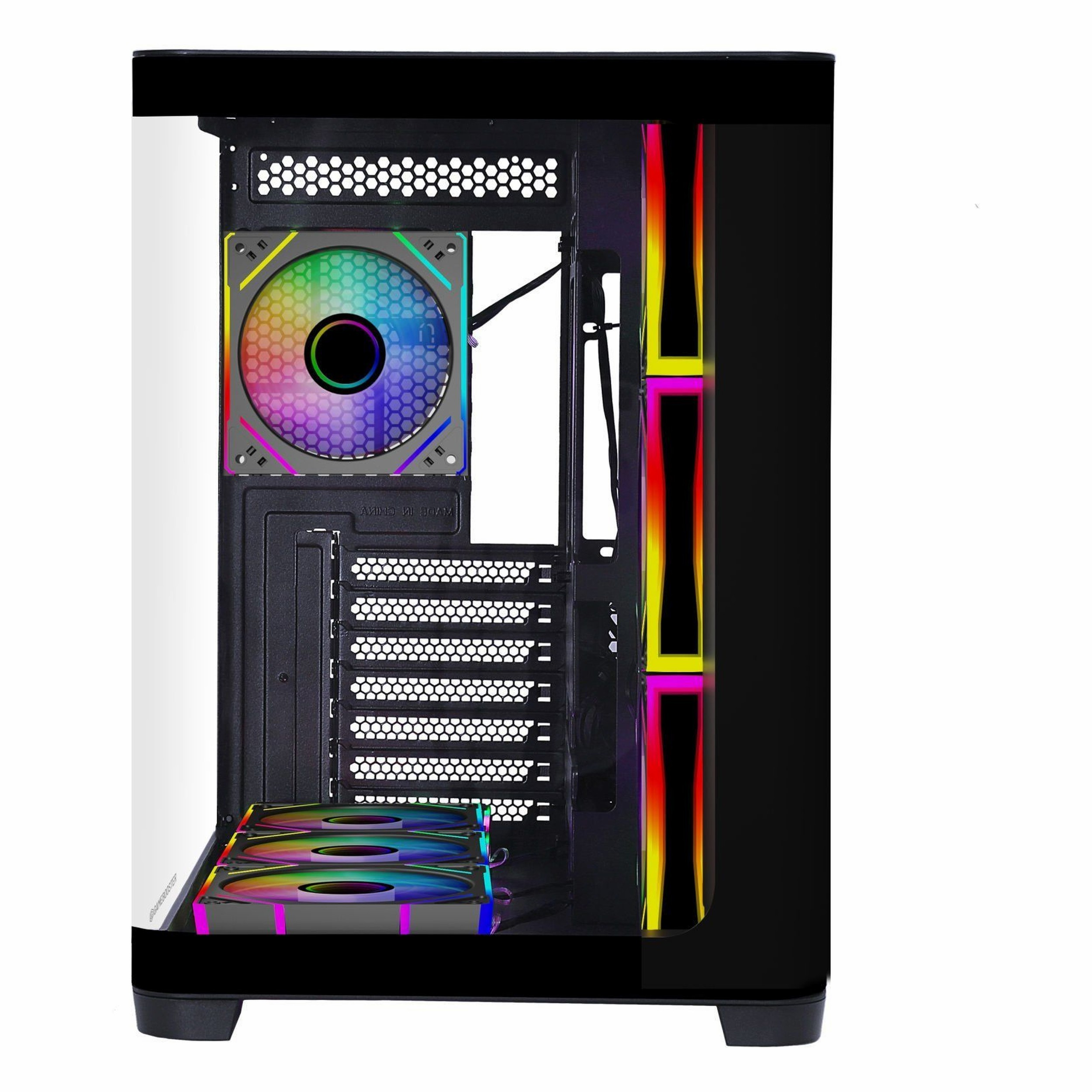 Cam ön panelli, renkli RGB arka fanlı ve alt ile yanda çok sayıda LED fana sahip siyah bilgisayar kasası.