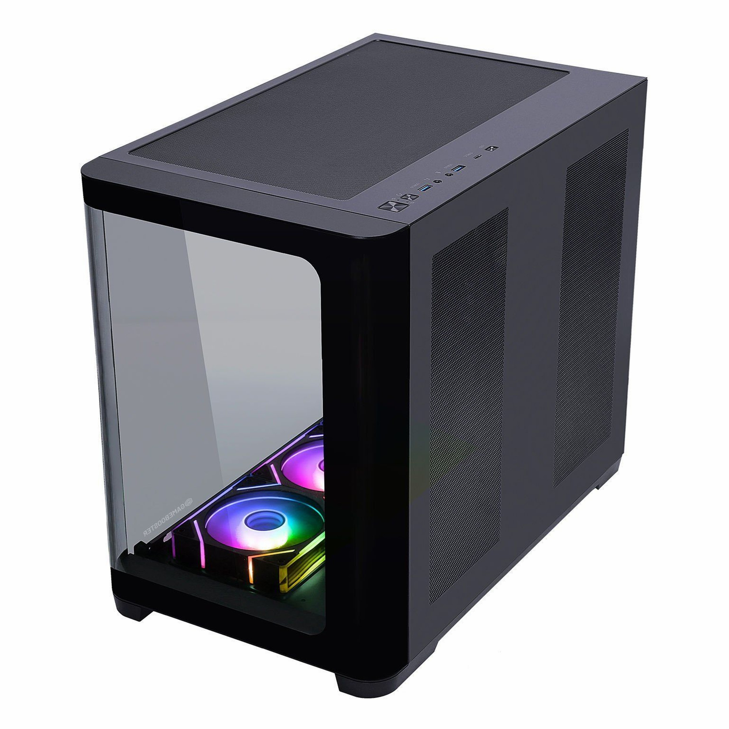 Cam yan panellere ve altta iki parlayan RGB fana sahip siyah bilgisayar kasası, beyaz arka planda.