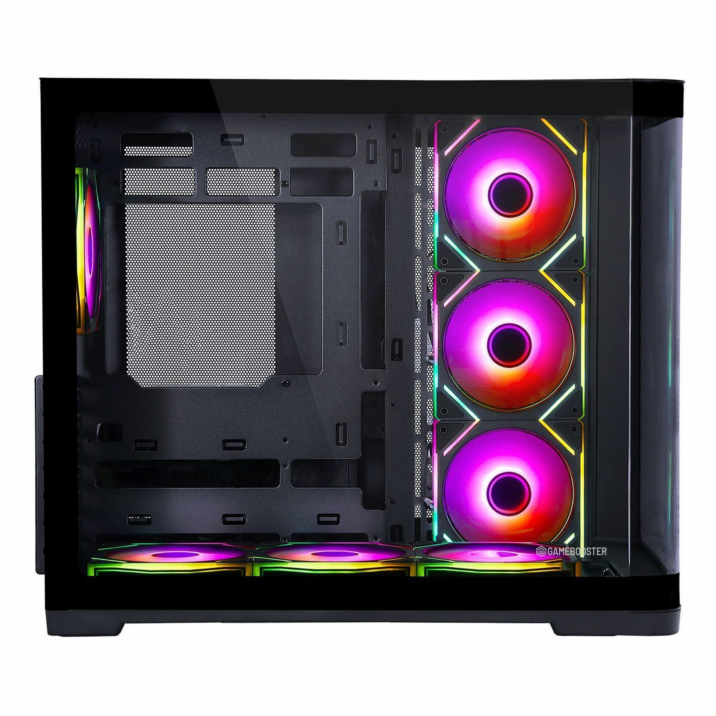 Cam yan panelli ve birden fazla renkli RGB fanlı siyah bilgisayar kasası.