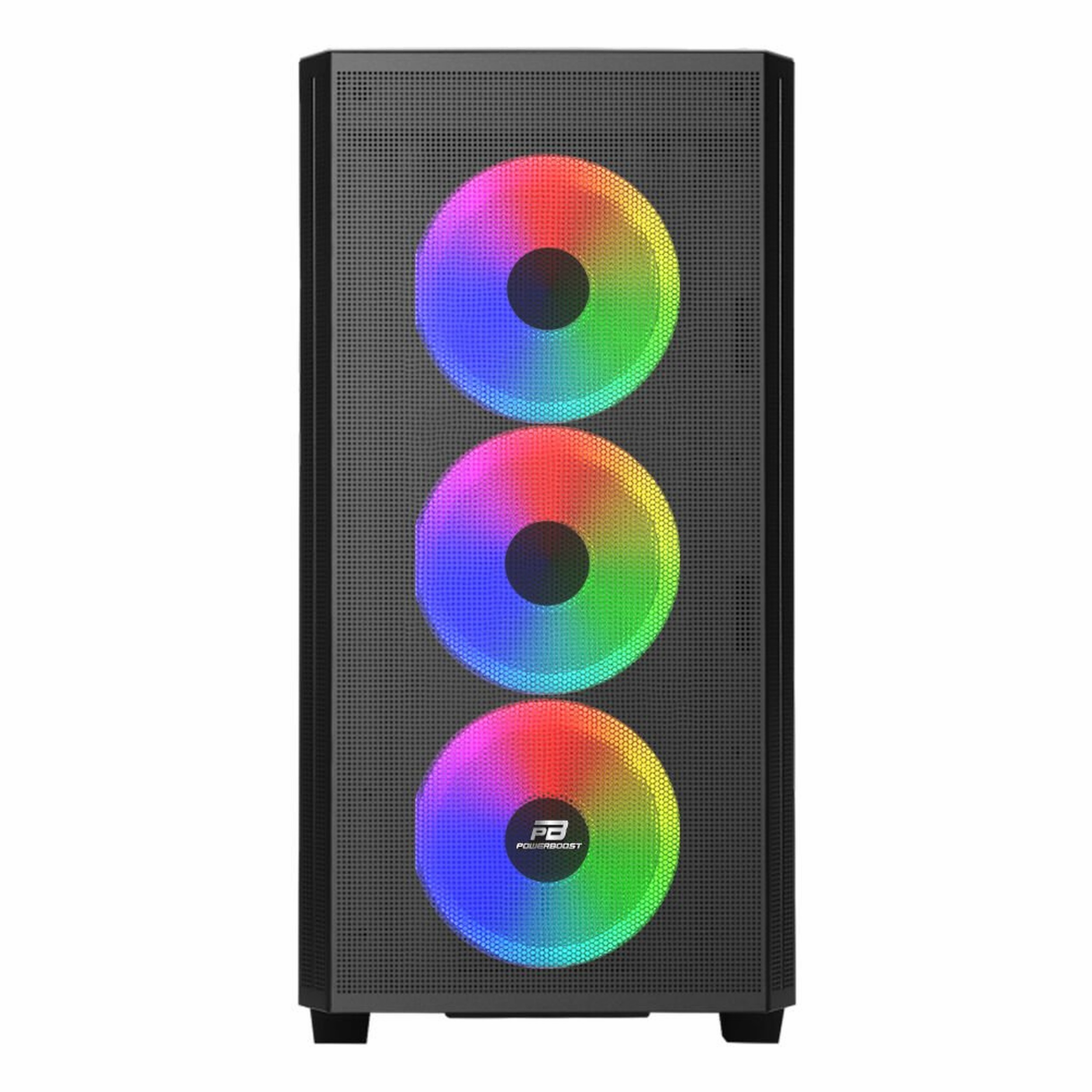 Ön paneli delikli ve dikey olarak yerleştirilmiş üç RGB fanlı siyah bir PC kasası.