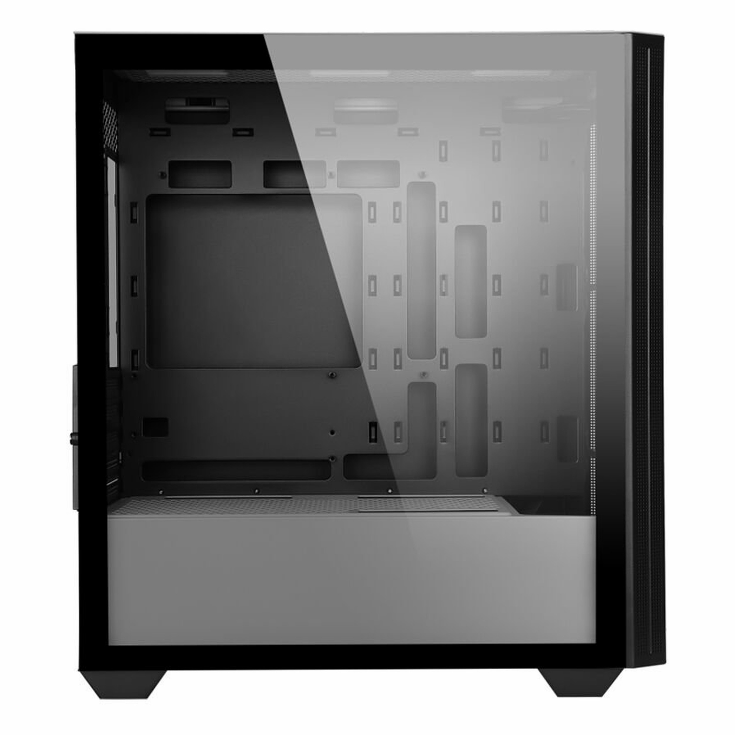 Cam yan panelli, boş iç kısımlı ve güç kaynağı kapaklı siyah PC kasası.