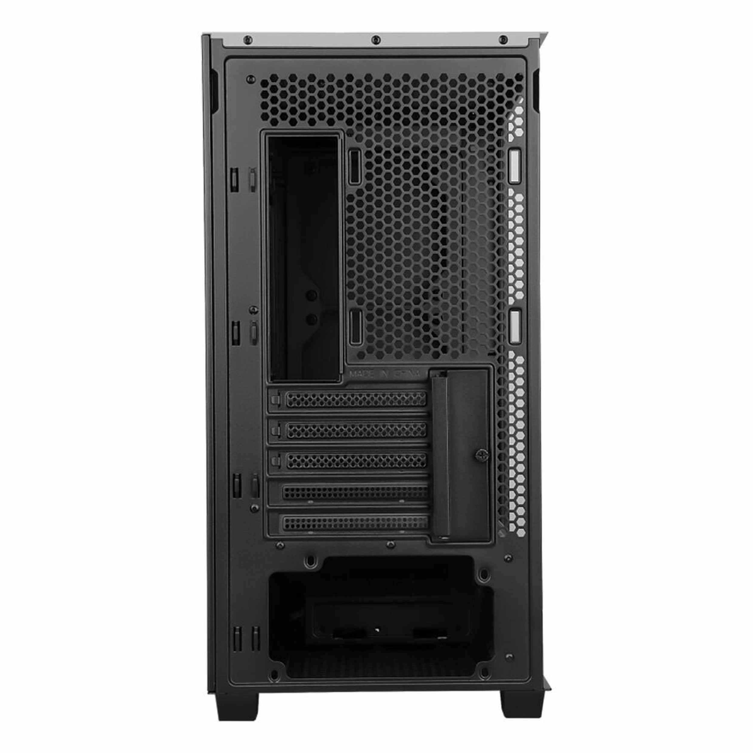 Havalandırma ızgaralı ve PCIe yuvalı siyah bilgisayar kasasının arkadan görünümü.
