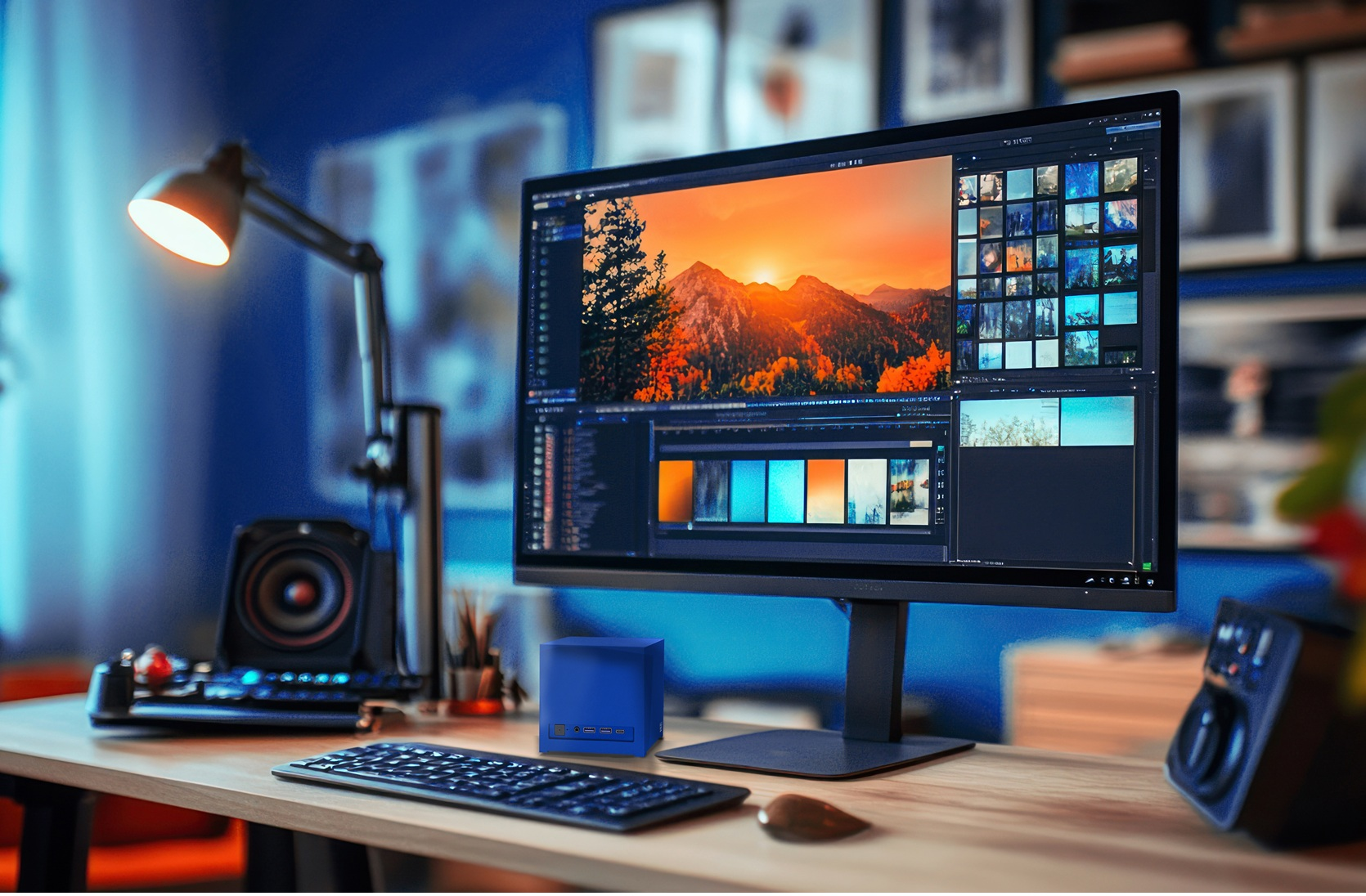 Biurko z monitorem pokazującym edytor zdjęć, klawiaturą, myszą, głośnikami i niebieskim mini PC.