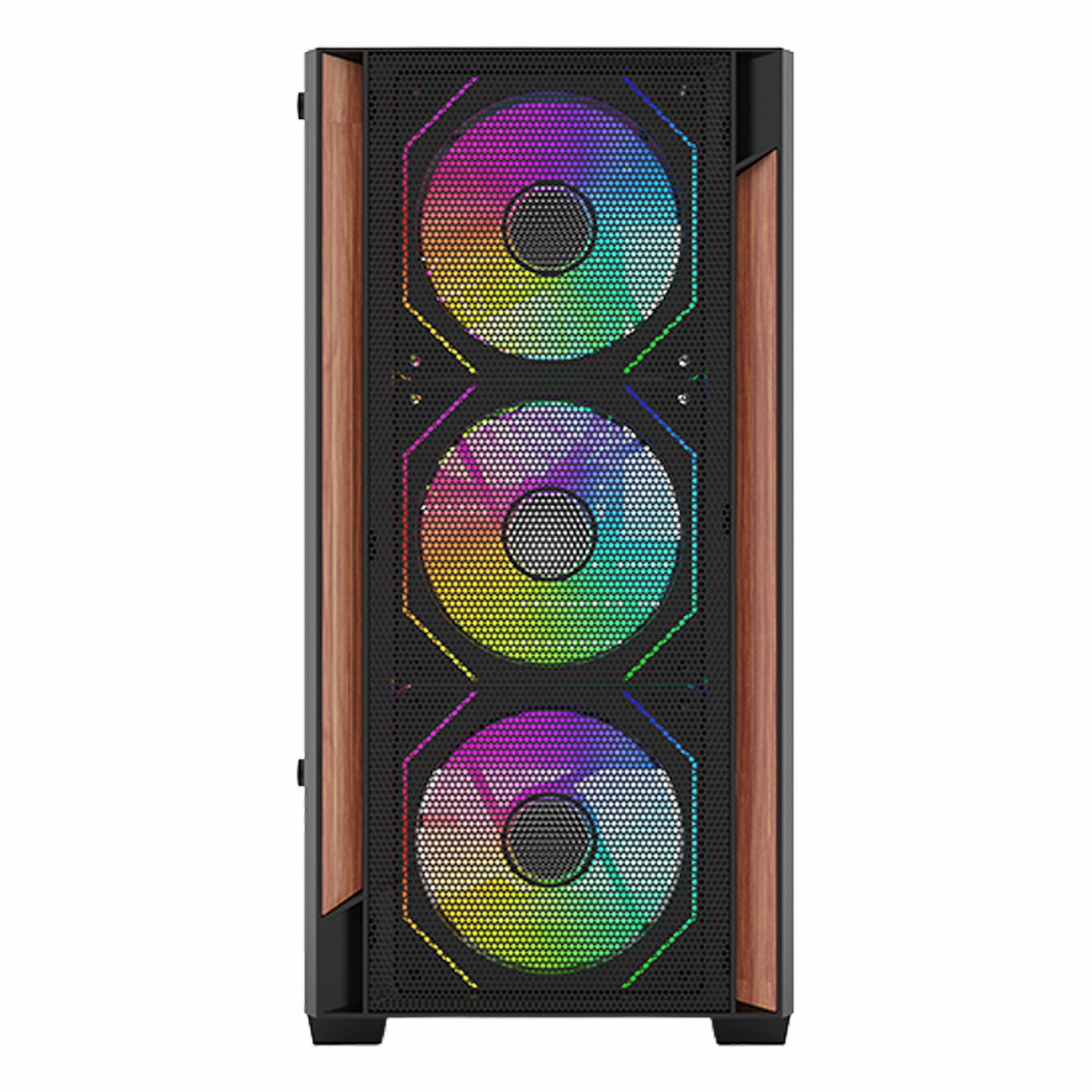 Ön tarafta ahşap yan panelleri ve üç RGB fanı olan siyah PC kasası.