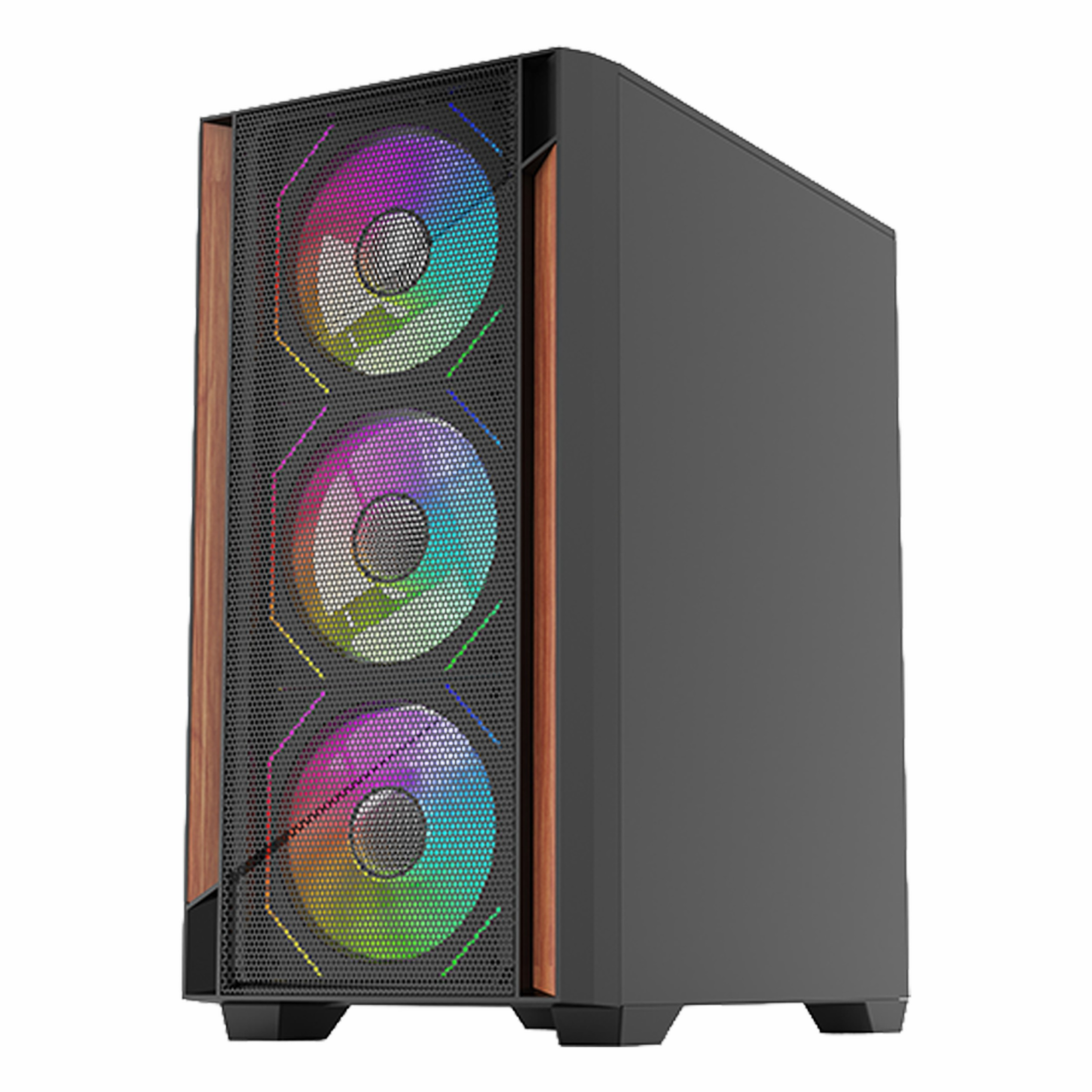 Ahşap detaylara ve ön panelde üç aydınlatmalı RGB fana sahip siyah bilgisayar kasası.