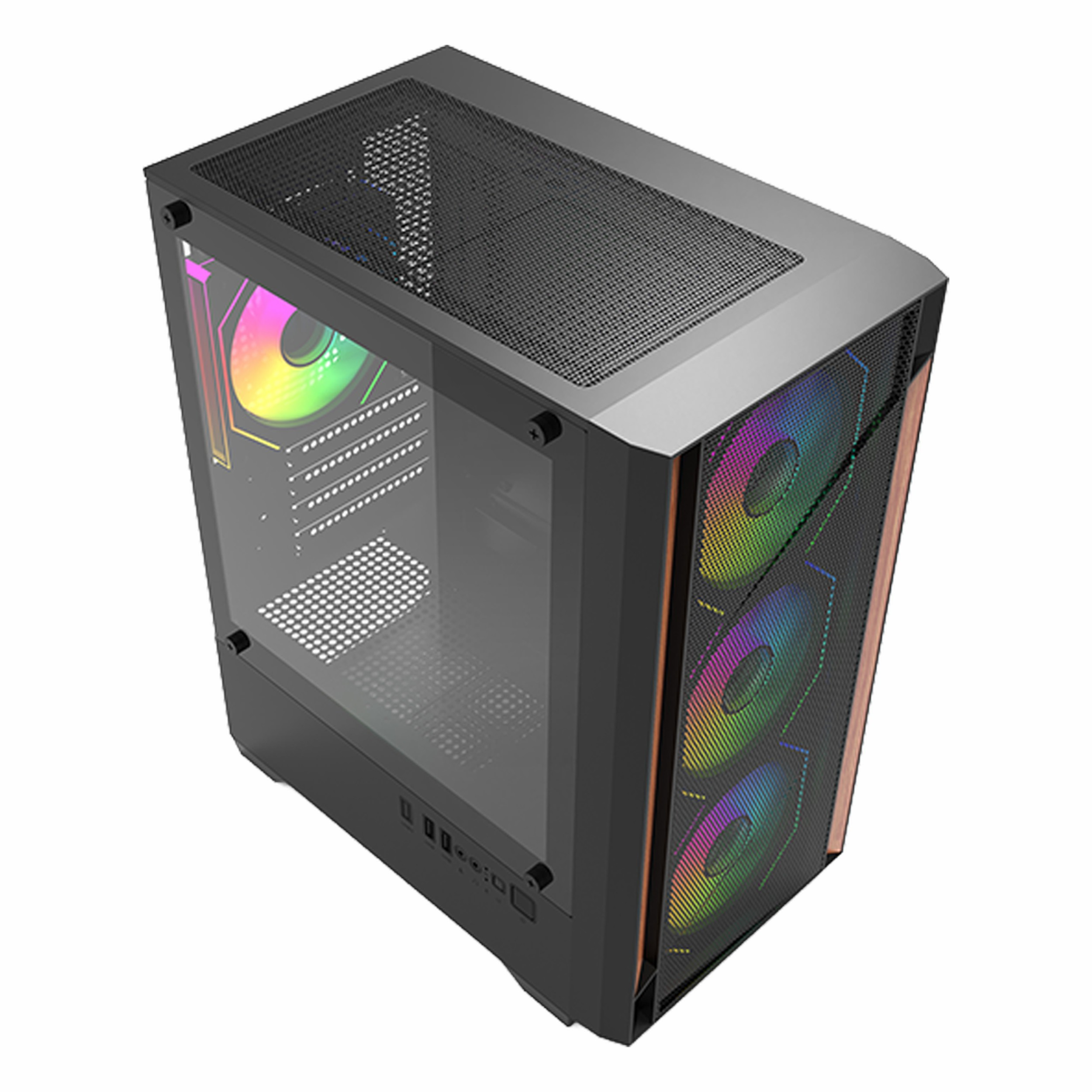 Cam yan panelli ve dört renkli RGB fanlı siyah bilgisayar kasası.