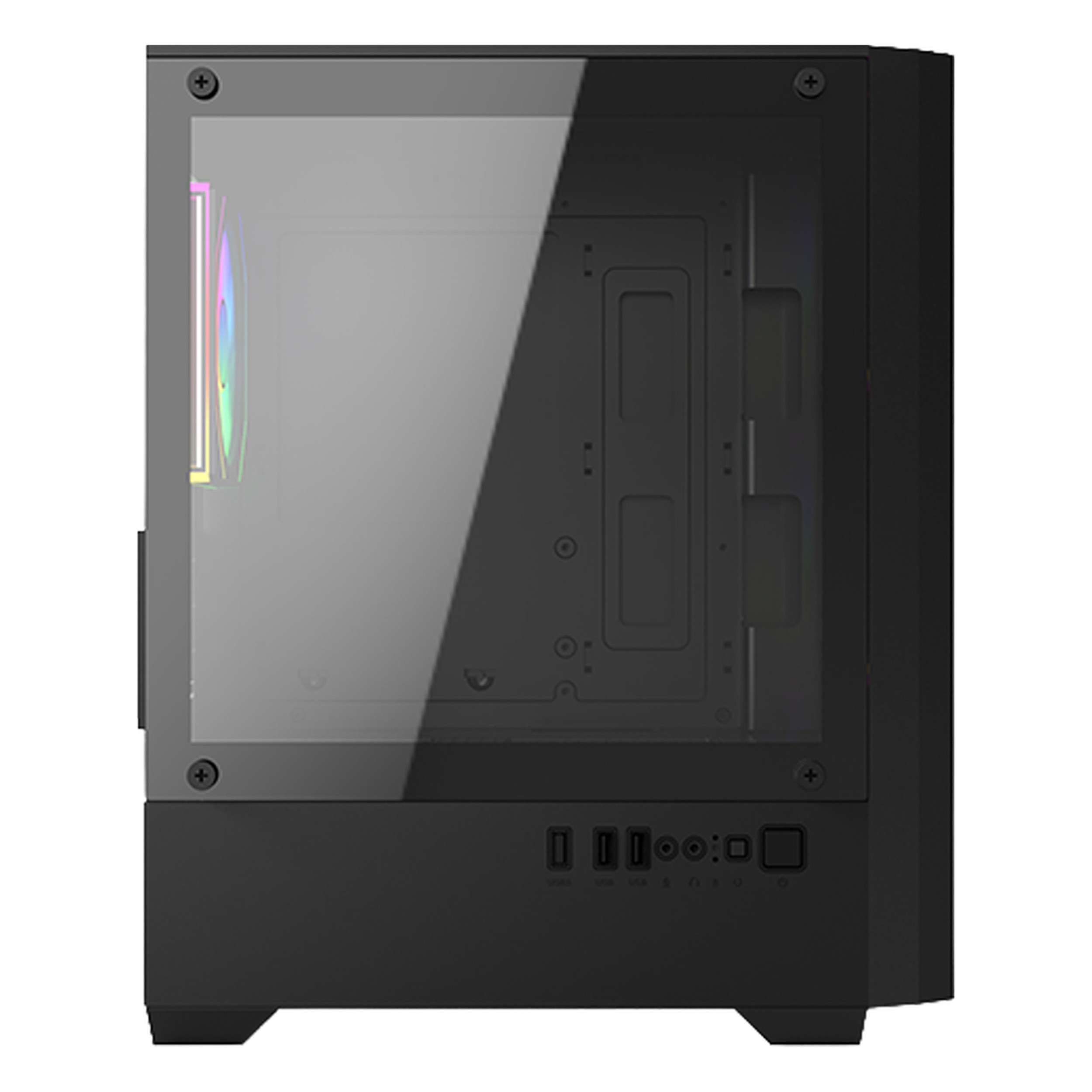 Beyaz arka planda cam yan panelli ve RGB fanlı siyah bilgisayar kasası.