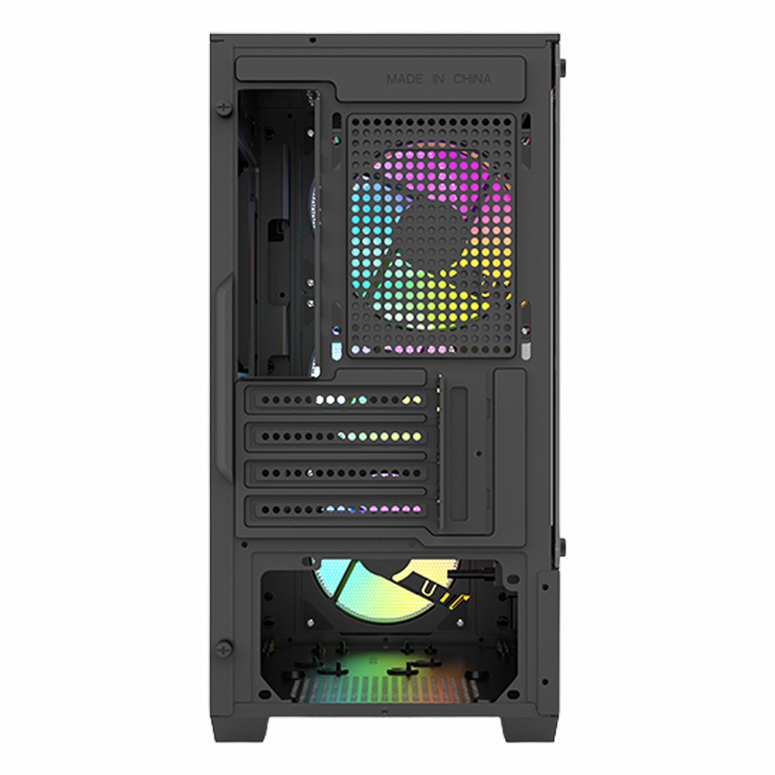 Renkli aydınlatmalı fanlara sahip siyah bir PC kasasının arkası.