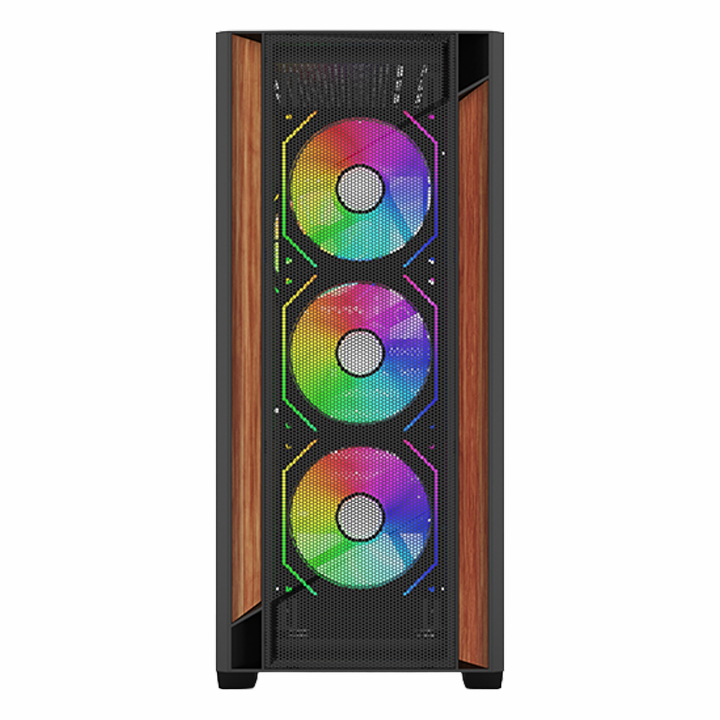 Ahşap yan panellere ve canlı RGB renklerde yanan üç ön fana sahip siyah bir PC kasası.
