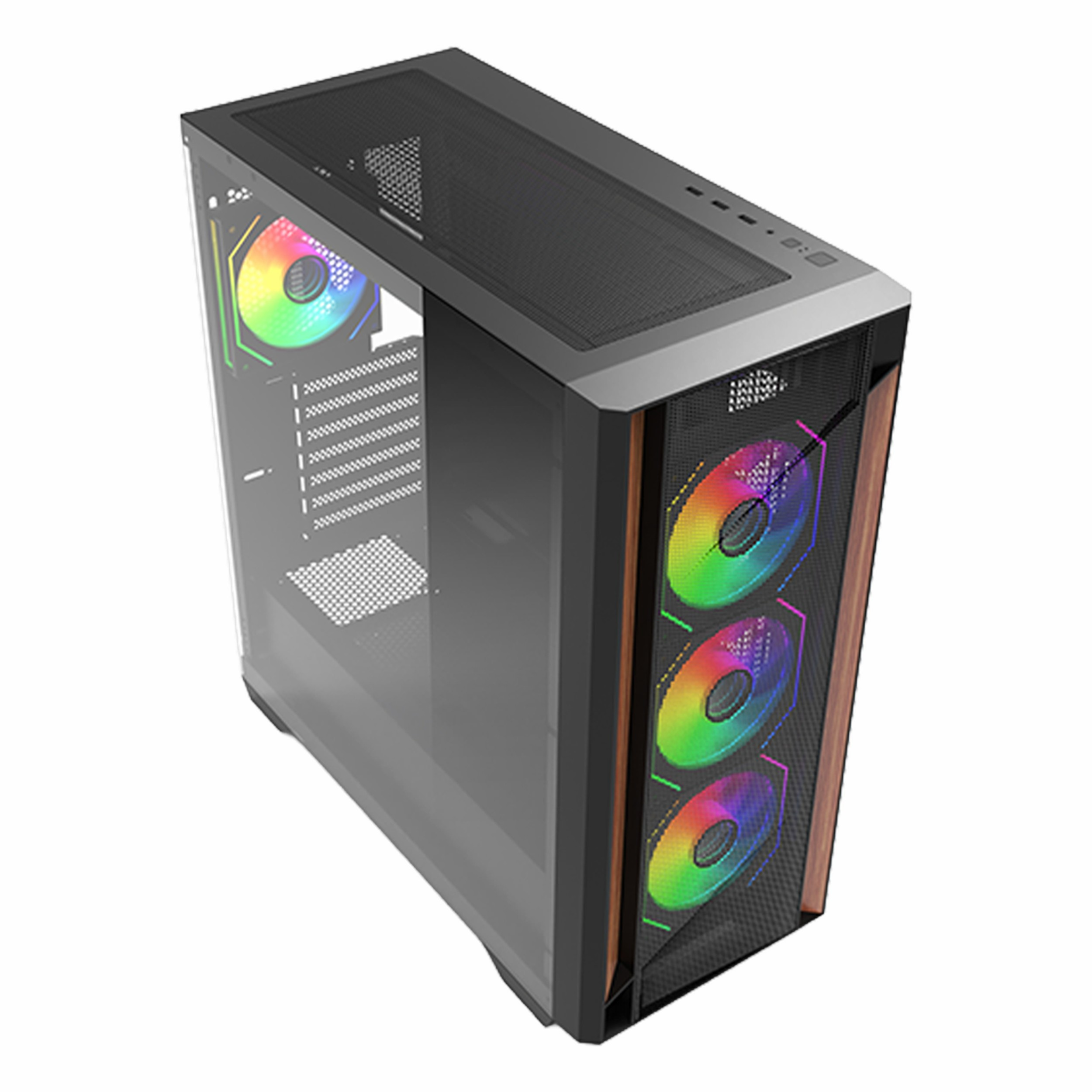 Beyaz arka planda cam yan panelli ve dört renkli RGB fanlı siyah oyun bilgisayarı kasası.