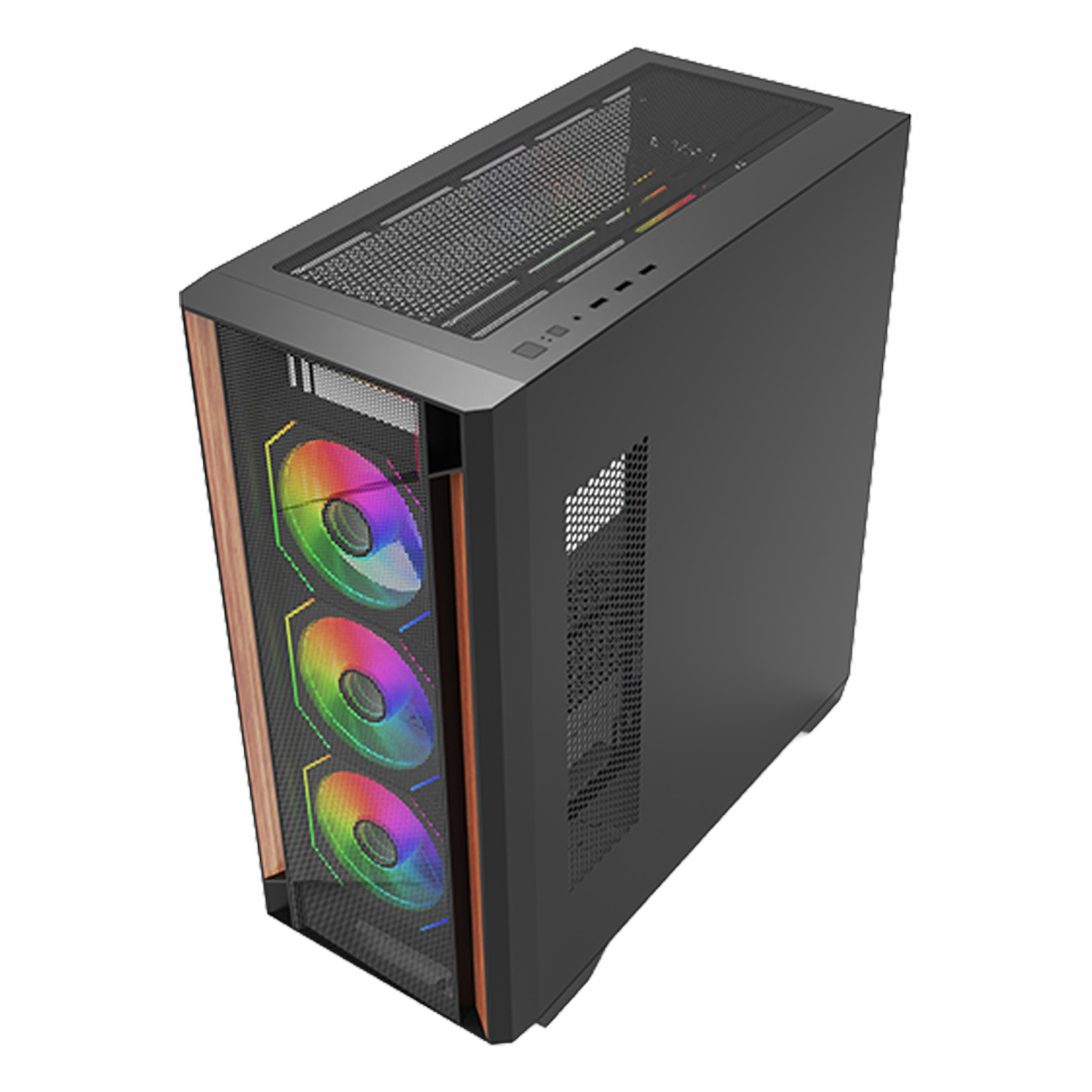 Ön panelinde ahşap detaylar ve RGB aydınlatmalı üç fan bulunan siyah bir bilgisayar kasası.