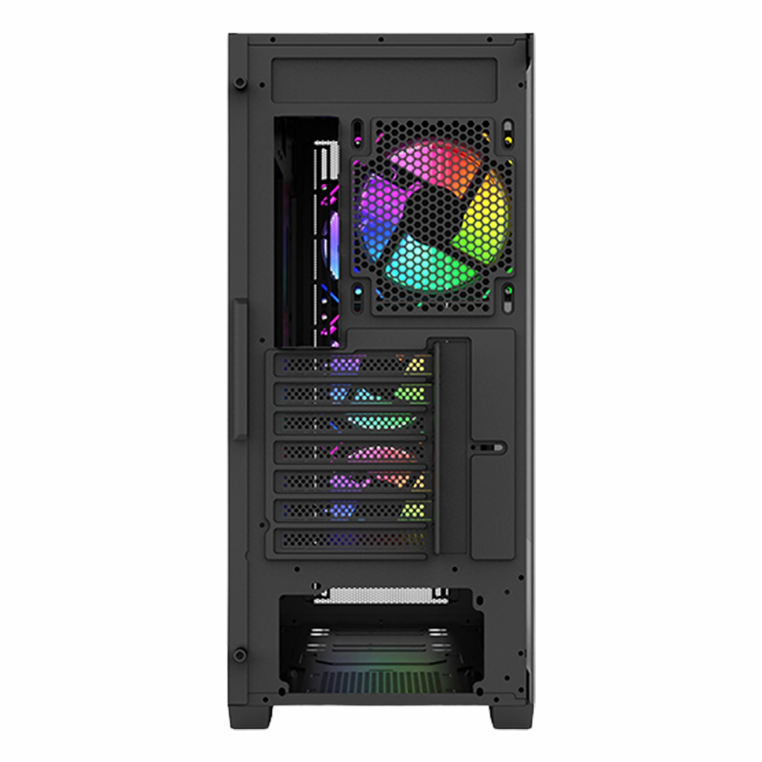Üst kısmında çok renkli bir RGB fan ve genişleme yuvaları bulunan siyah bir bilgisayar kasasının arka görünümü.