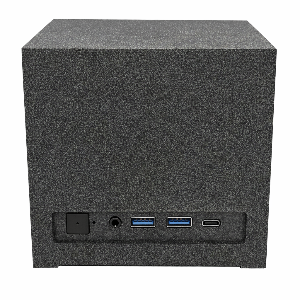 Szare, fakturowane urządzenie w kształcie sześcianu z przyciskiem zasilania, gniazdem audio, dwoma portami USB i portem USB-C.