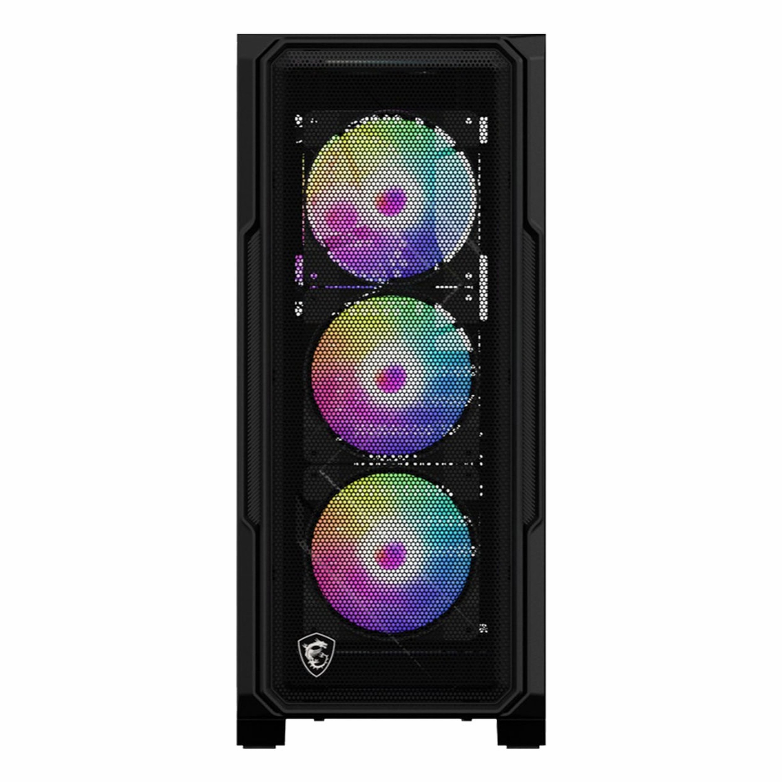 Üç renkli RGB fanlı ve bir MSI logolu siyah PC kasasının önden görünümü.