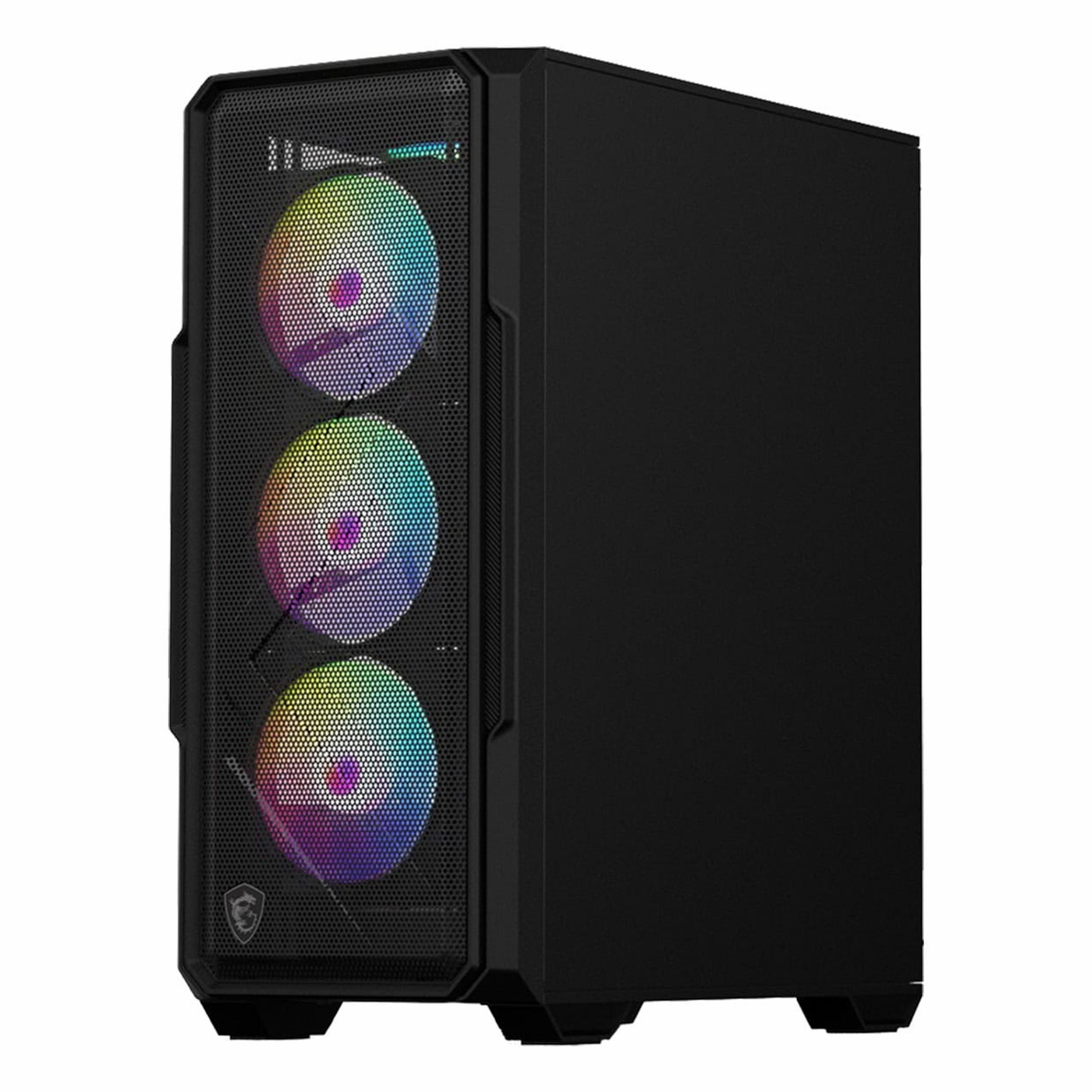 Beyaz arka planda fileli ön yüze ve üç aydınlatmalı RGB fana sahip siyah bir bilgisayar kasası.