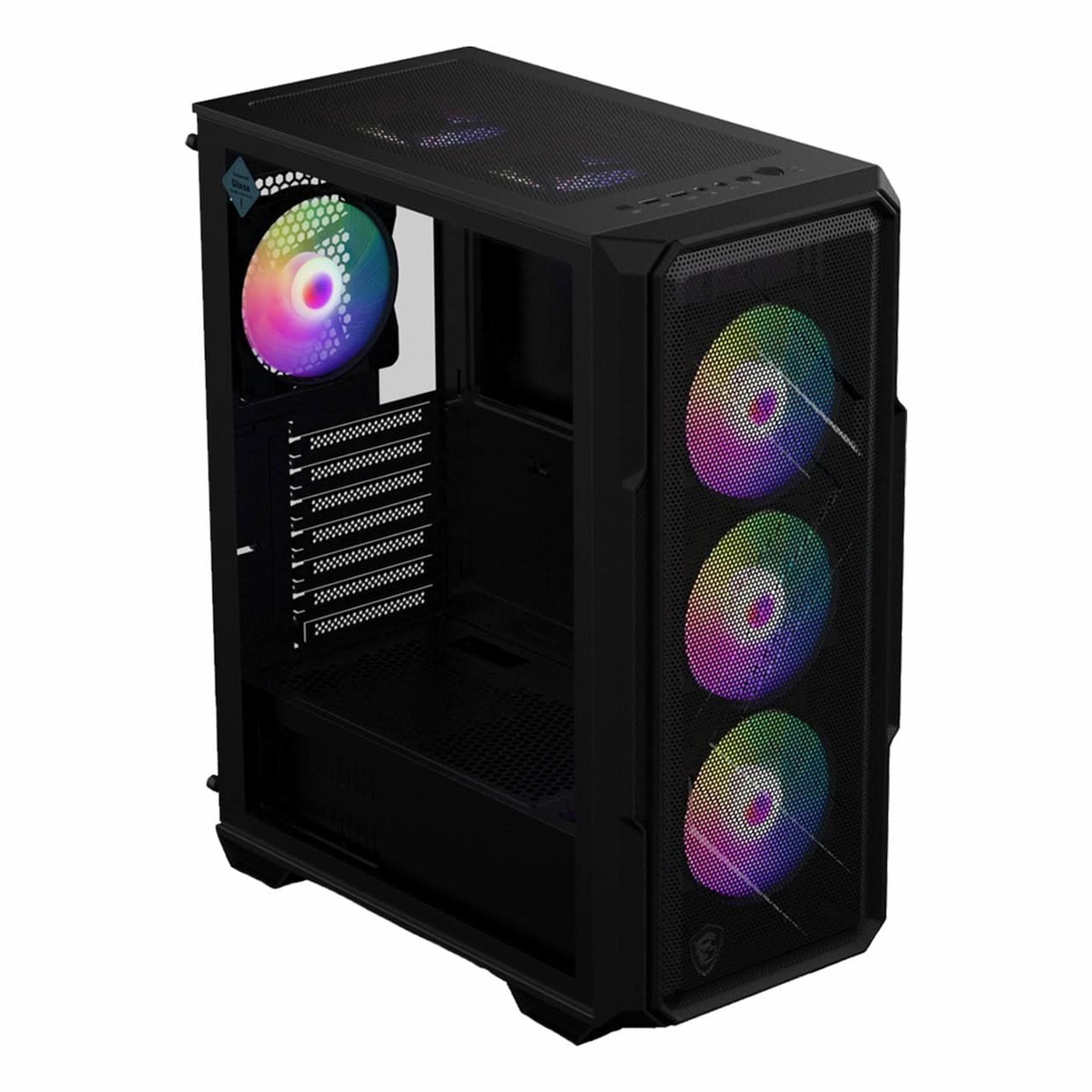 Önü ızgaralı, cam yan panelli ve dört renkli RGB fanlı siyah bilgisayar kasası.