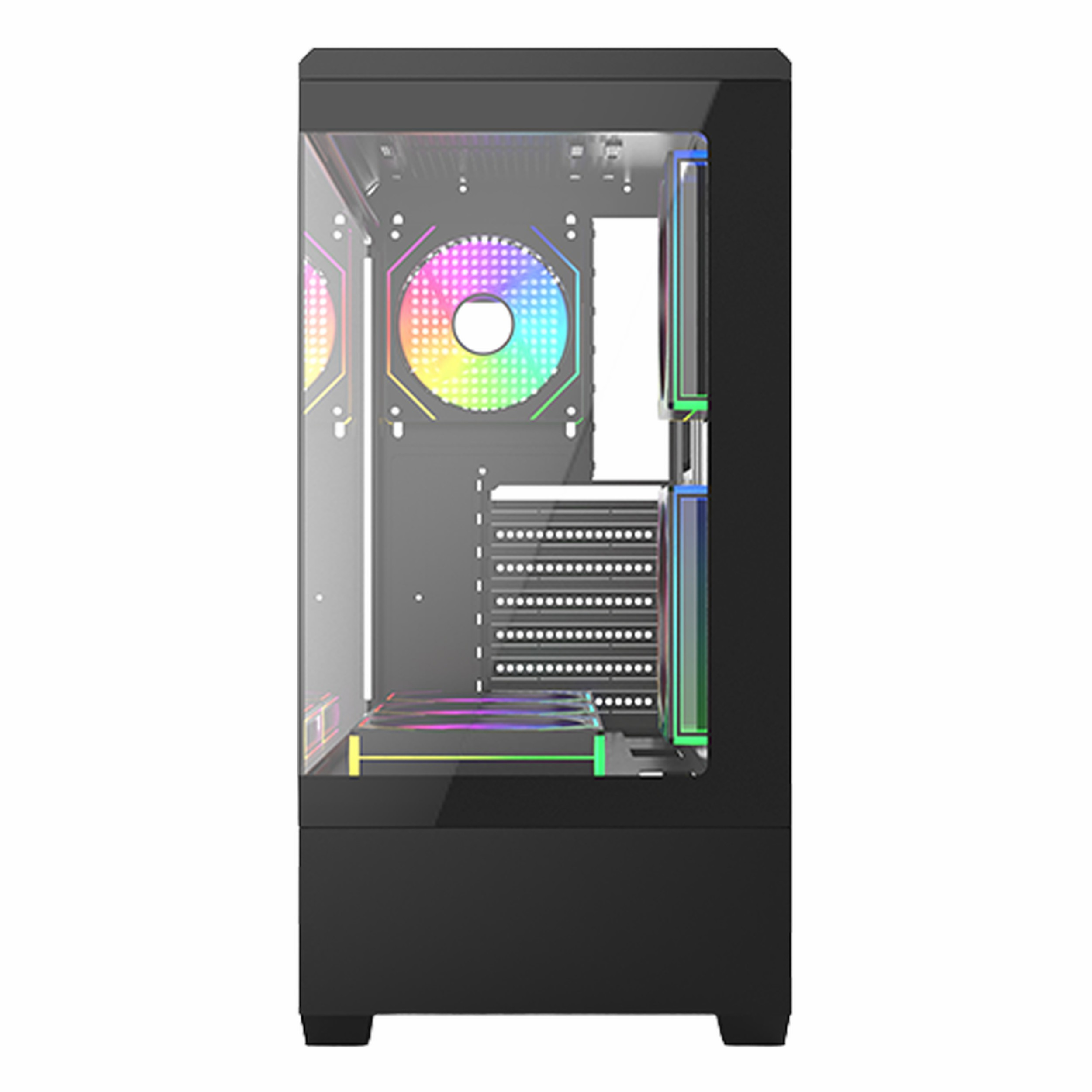 On cami ve icinde renkli RGB fanlari olan siyah bir bilgisayar kasasi.