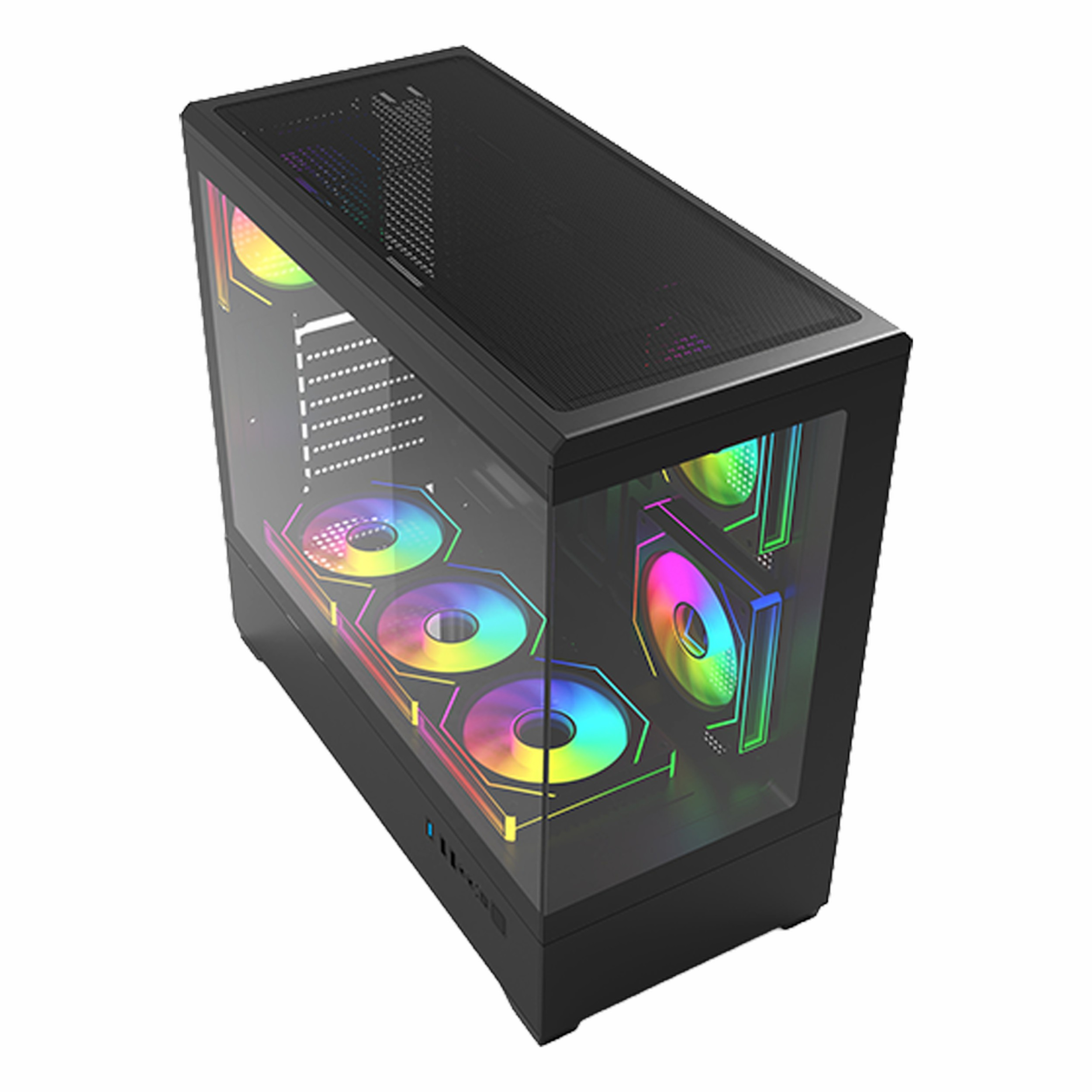 Cam ön panelli ve renkli RGB fanlı siyah bilgisayar kasası.