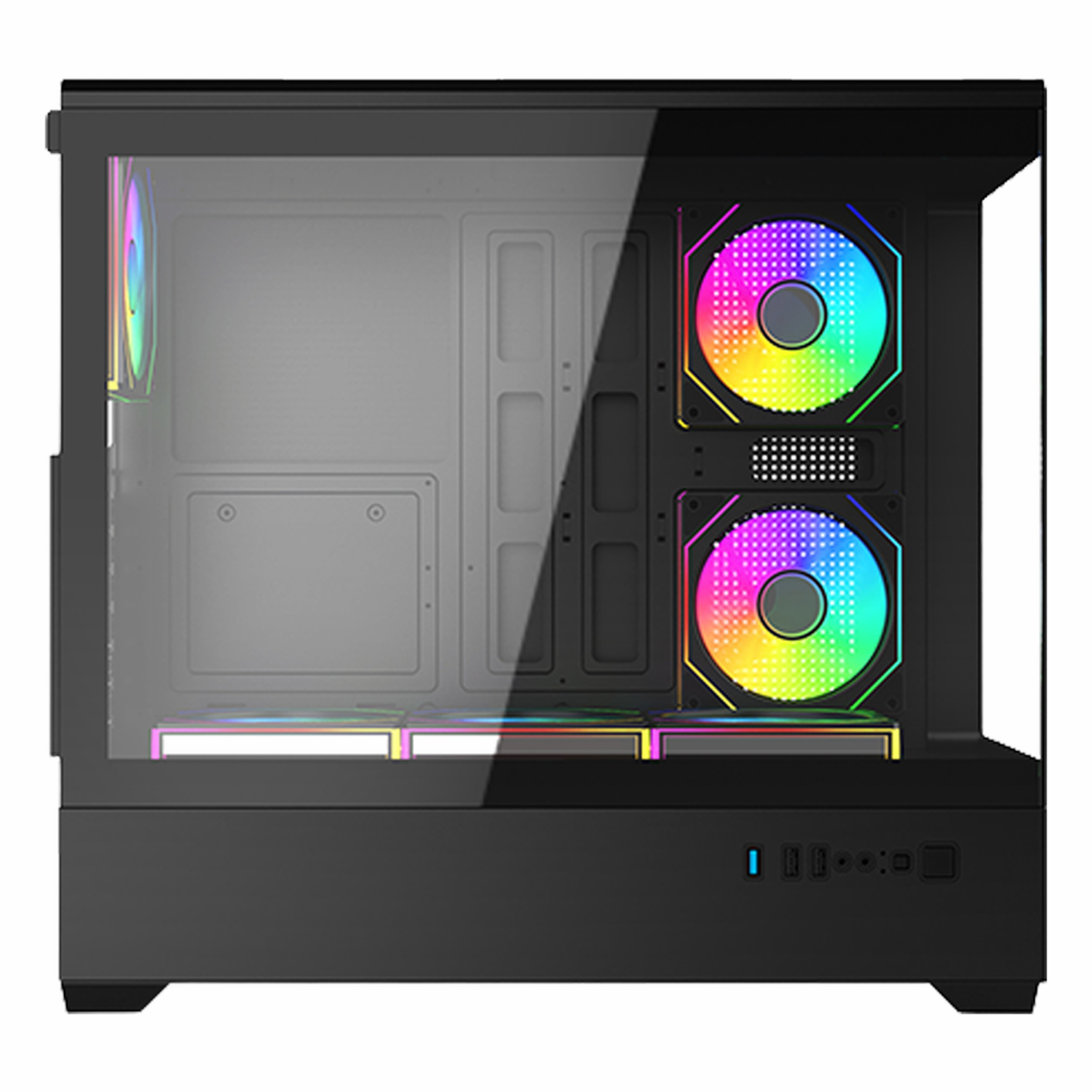 Cam yan panelli ve renkli RGB fanlı siyah bilgisayar kasası.