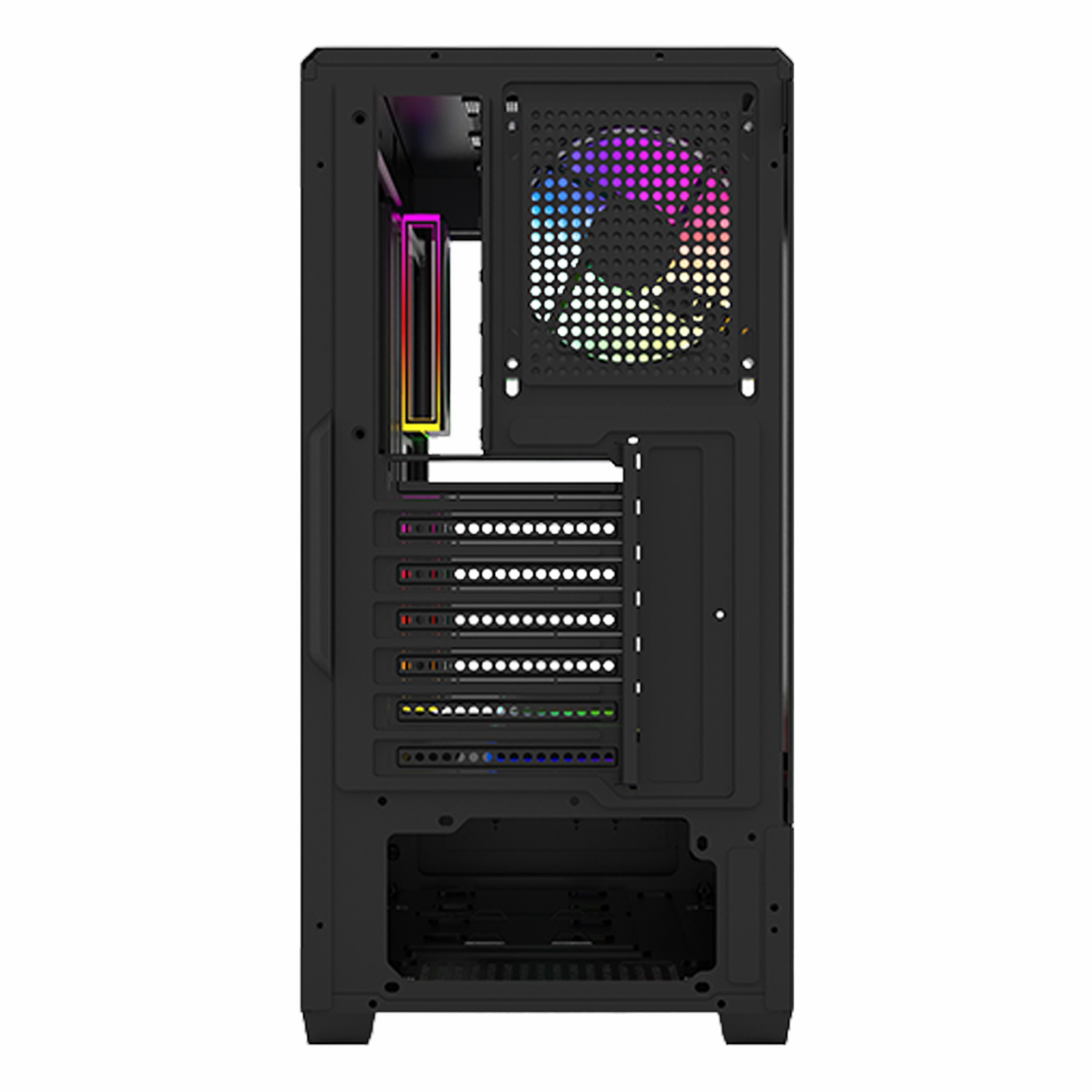 Üst kısmında renkli RGB fan ve açık yuvalar bulunan siyah PC kasasının arkadan görünümü.