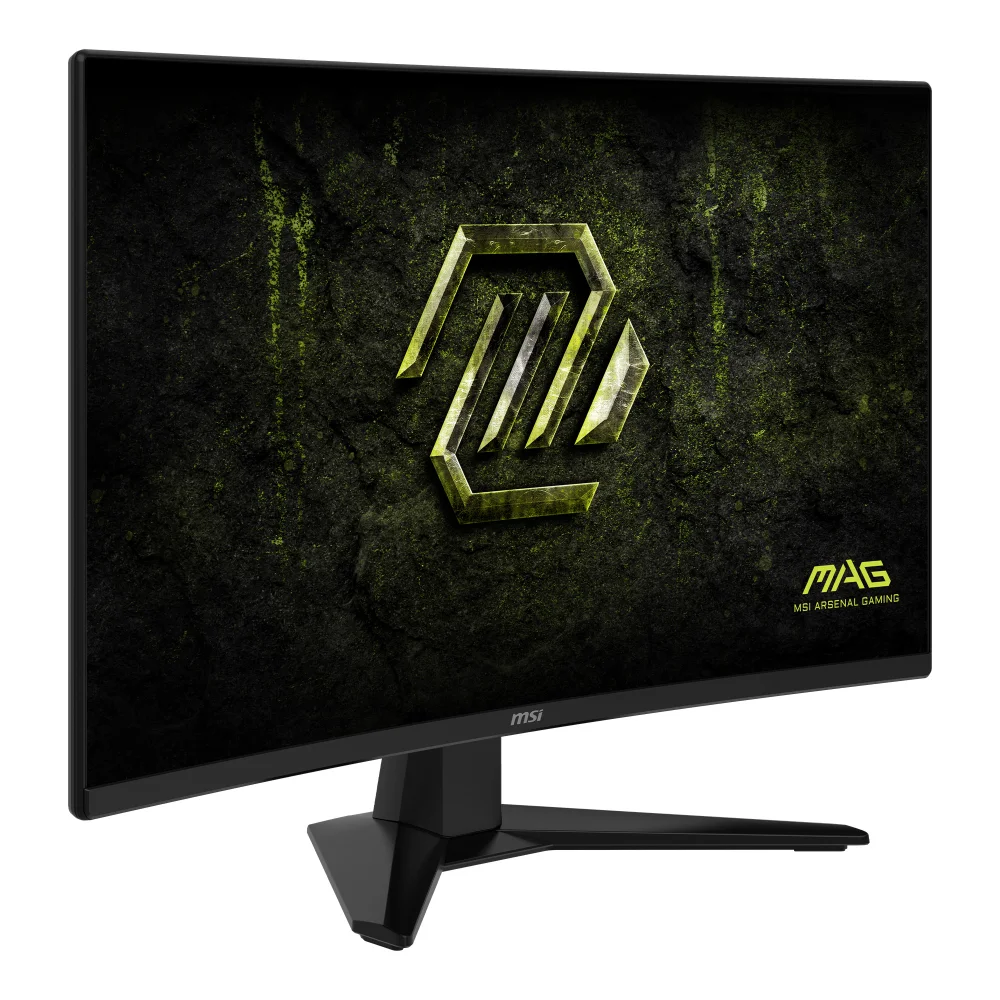 Siyah ayaklı kavisli bir MSI MAG oyuncu monitörü, koyu arka planda yeşil bir ejderha logosu gösteriyor.