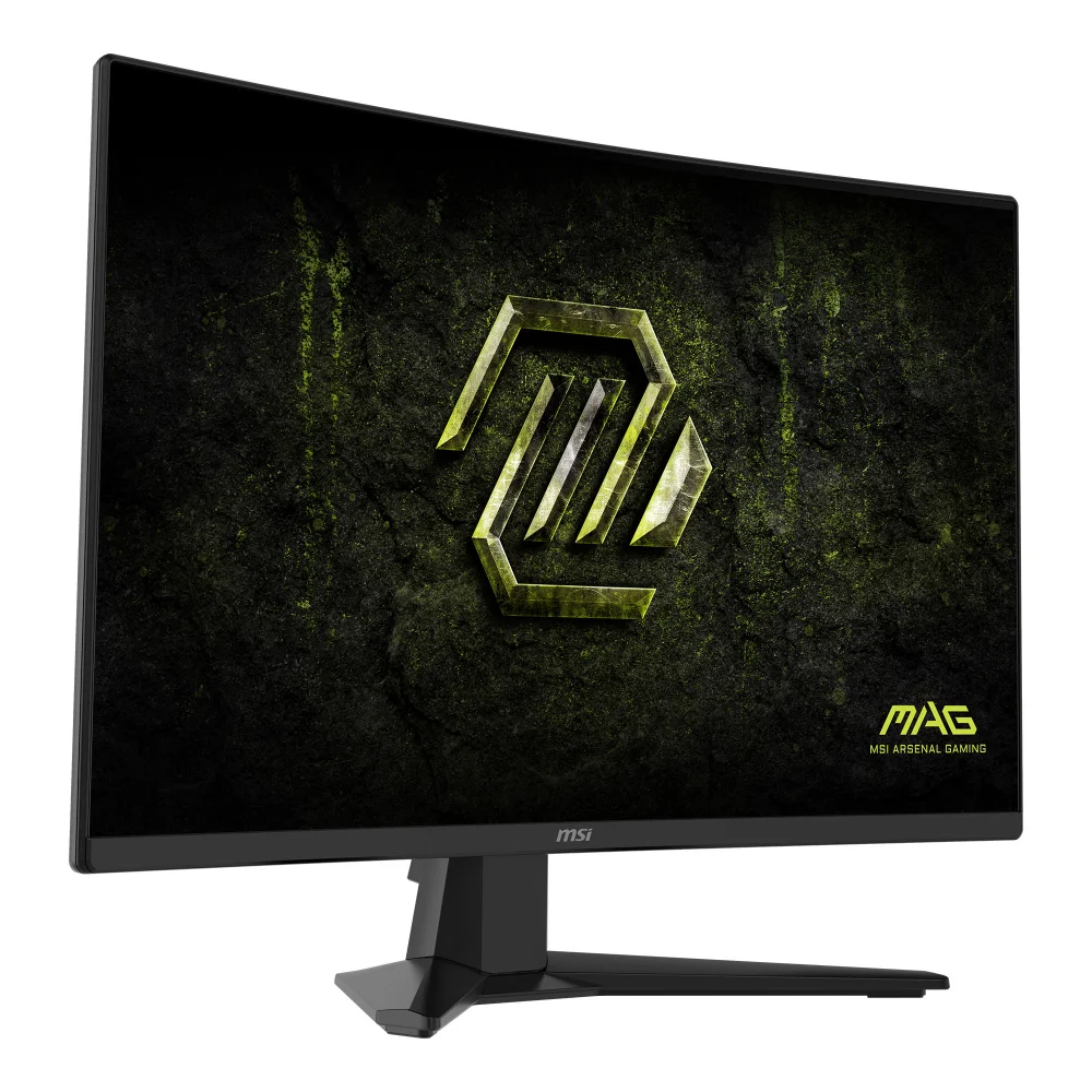 Kavisli siyah bir MSI oyuncu monitörü, grunge arka planda yeşil bir ejderha logosu gösteriyor.
