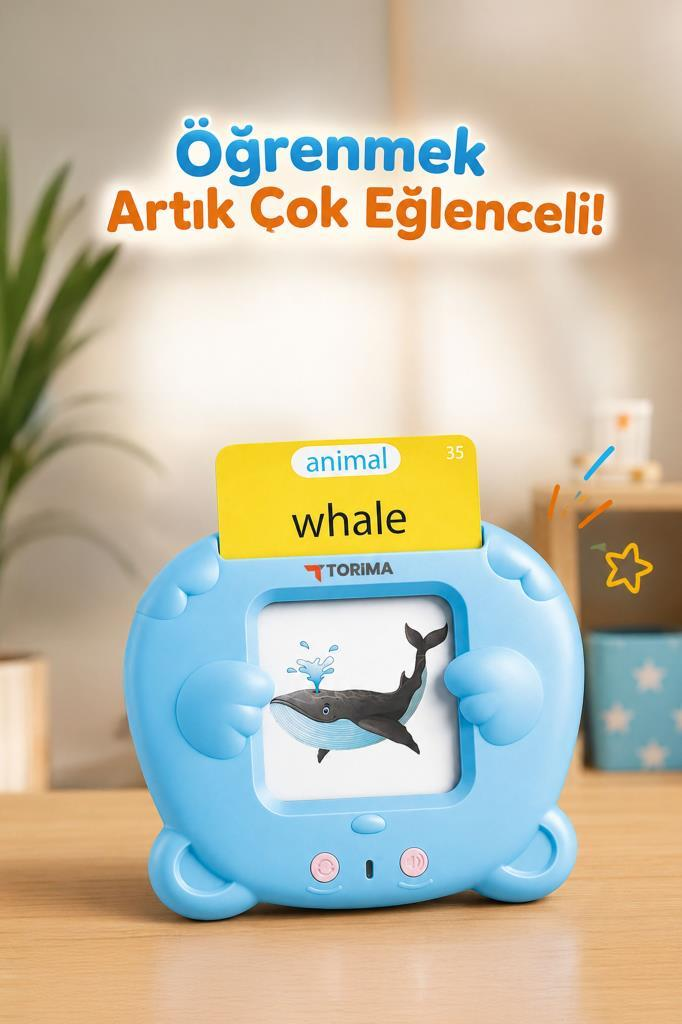 Ahşap masa üzerinde mavi balina flashcard okuyucu, üzerinde balina kartı ve Türkçe yazı.