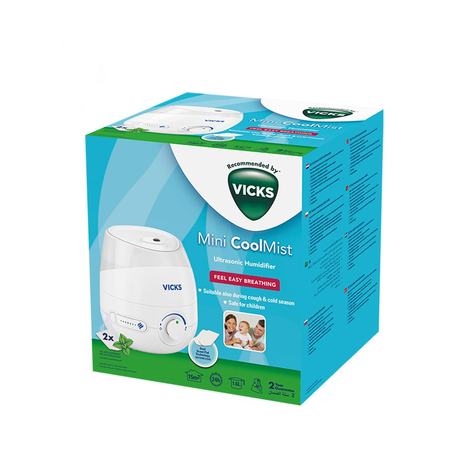 Mavi Vicks Mini CoolMist Ultrasonik Nemlendirici ürün ambalajı.