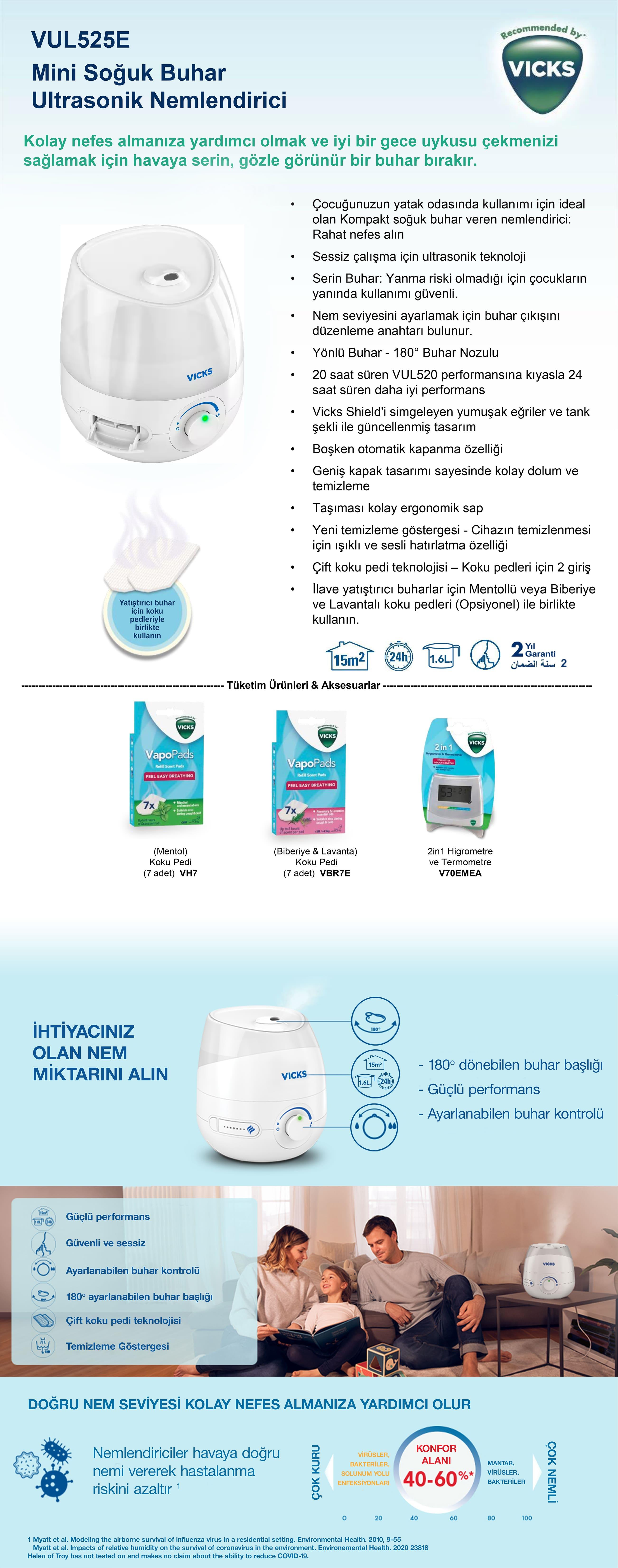 Vicks mini ultrasonik nemlendirici özellikleri ve aksesuarlarını gösteren reklam.