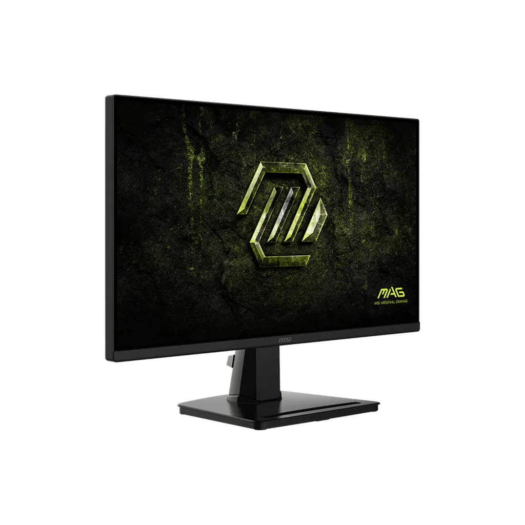 Un monitor da gioco MSI nero con un logo verde sullo schermo su sfondo bianco.