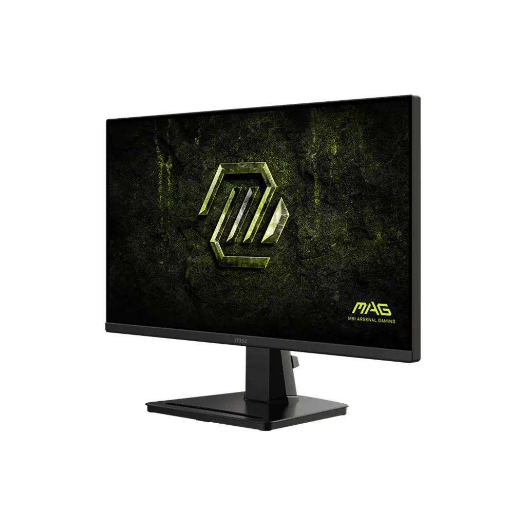 Un monitor da gioco MSI nero su supporto, con sfondo scuro e testurizzato e logo geometrico verde.