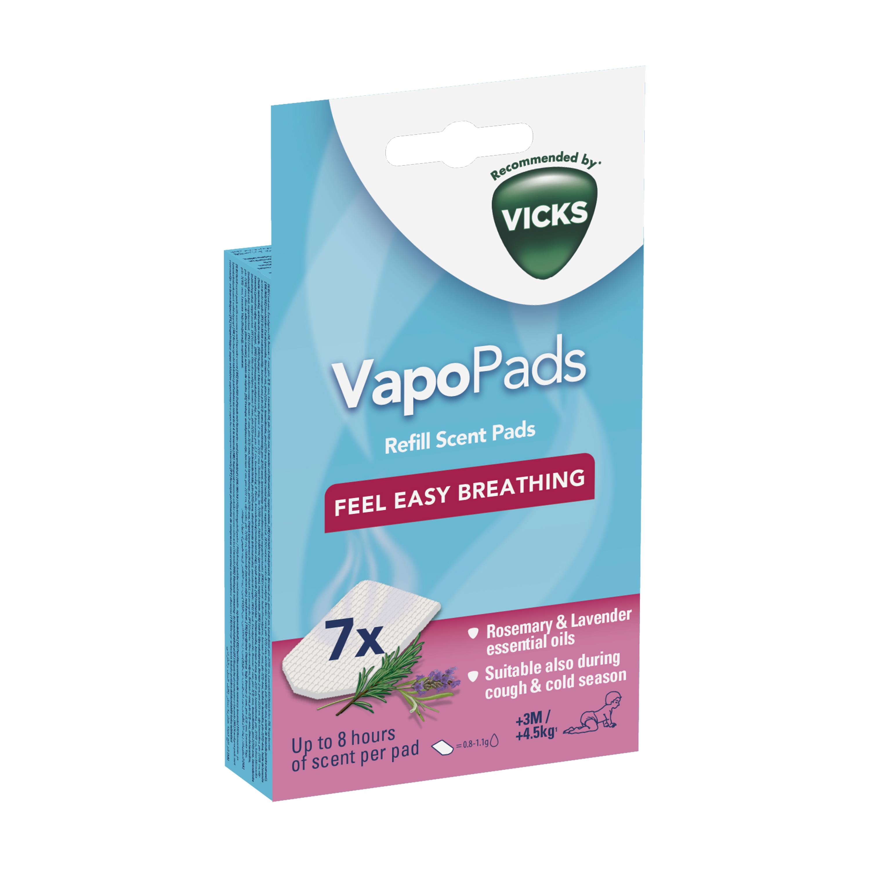 Biberiye ve lavanta kokulu yedi adet Vicks VapoPads yedek ped kutusu.