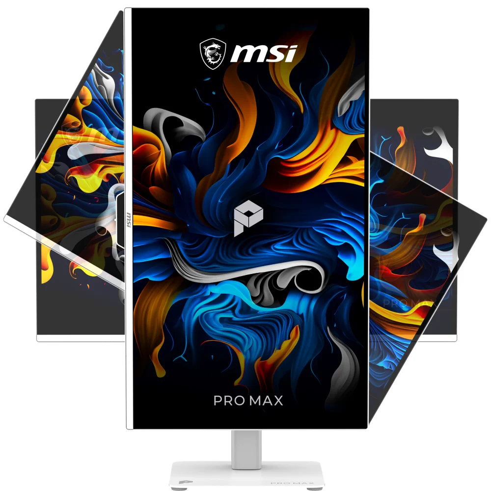 Birden fazla MSI Pro Max monitör mavi, turuncu ve beyaz renkli akıcı, soyut desenler gösteriyor.