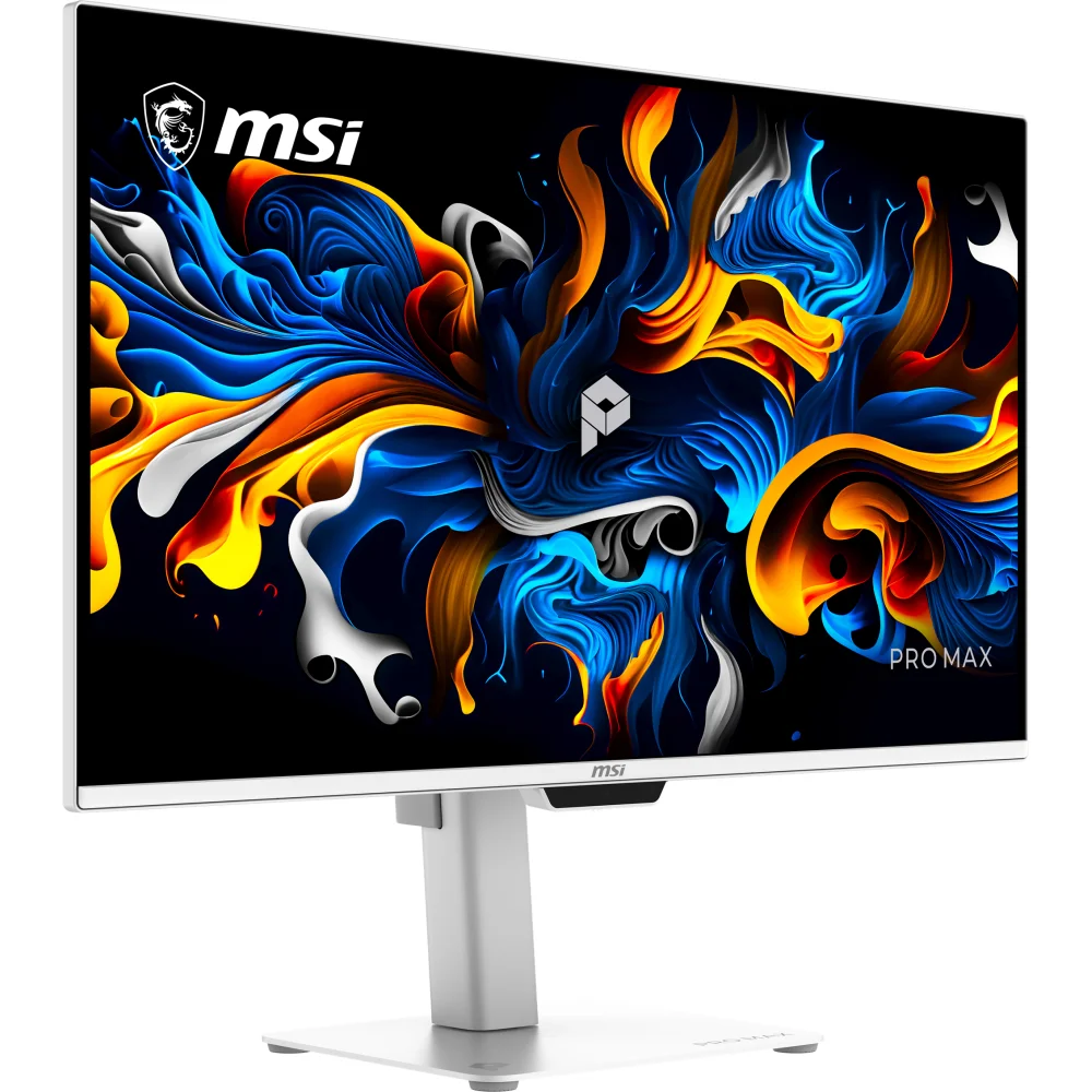 Mavi, turuncu ve beyaz girdaplara sahip canlı soyut bir tablo gösteren MSI bilgisayar monitörü.