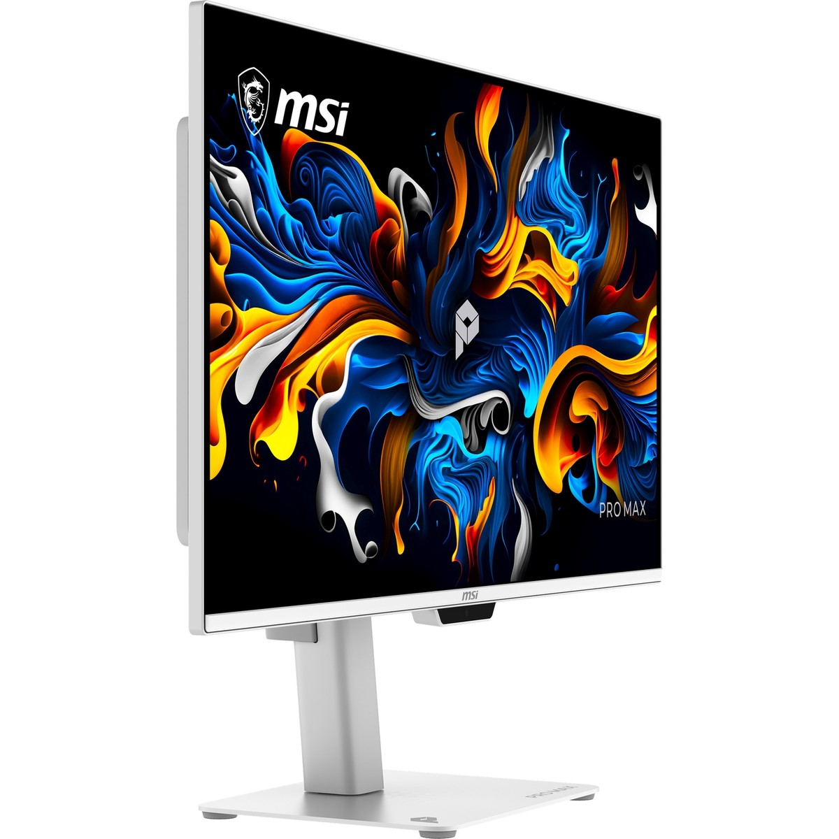 Beyaz ayaklı beyaz bir MSI monitör, mavi, turuncu ve beyaz desenli renkli bir ekran gösteriyor.