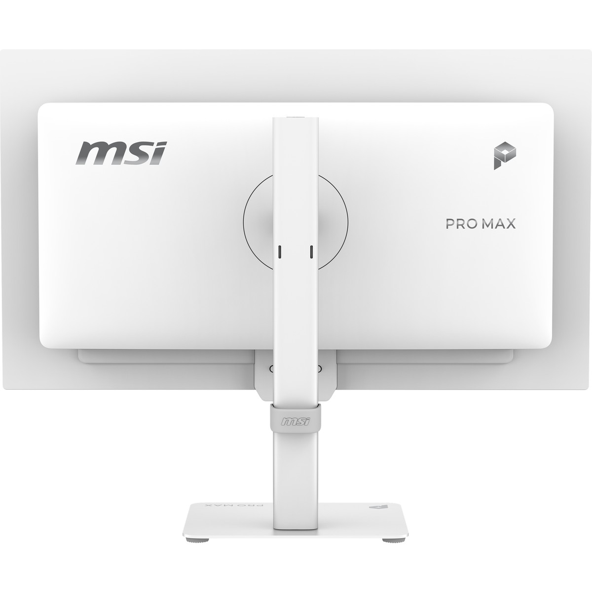 Stant  üzerinde beyaz bir MSI Pro Max monitörün arkadan görünümü, logo ve minimalist tasarım.