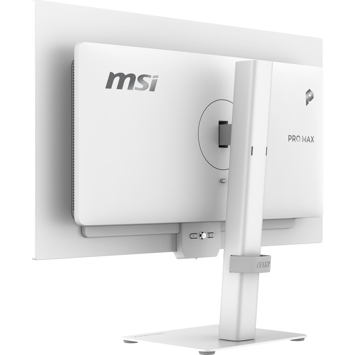 Düz bir arka plan üzerinde stantlı beyaz bir MSI PRO MAX monitörün arkadan görünümü.