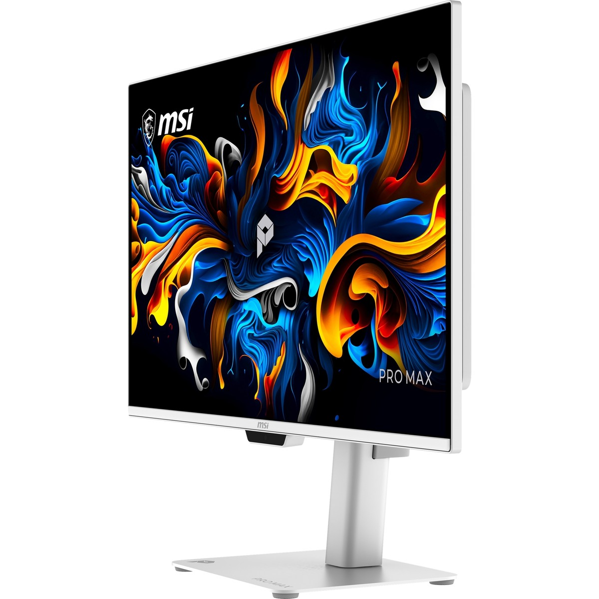 Beyaz bir MSI monitör, beyaz stant üzerinde renkli soyut duvar kağıdı ve Pro Max yazısı gösteriyor.