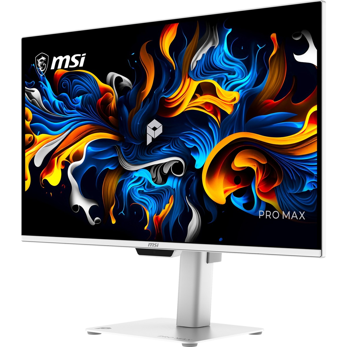 Beyaz bir MSI Pro Max monitör, mavi, turuncu ve beyaz renklerde canlı soyut bir görüntü gösteriyor.
