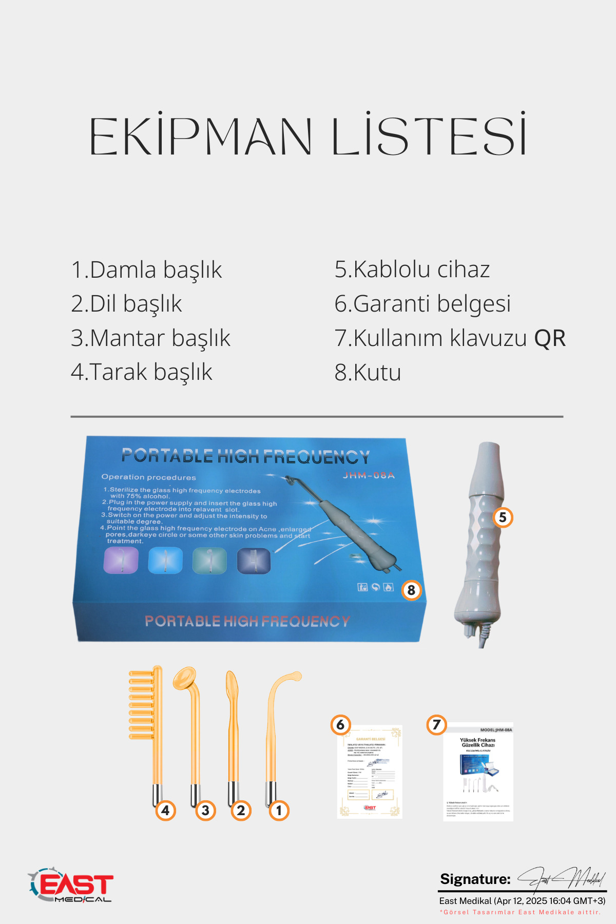 Taşınabilir yüksek frekans cihazı, başlıklar, kutu, garanti ve kılavuzu gösteren ekipman listesi.